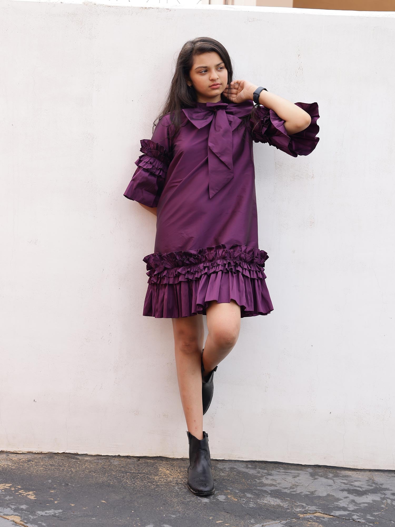 Janyas Closet Teen Purple Ruffle Dress with Bow Tie Collar