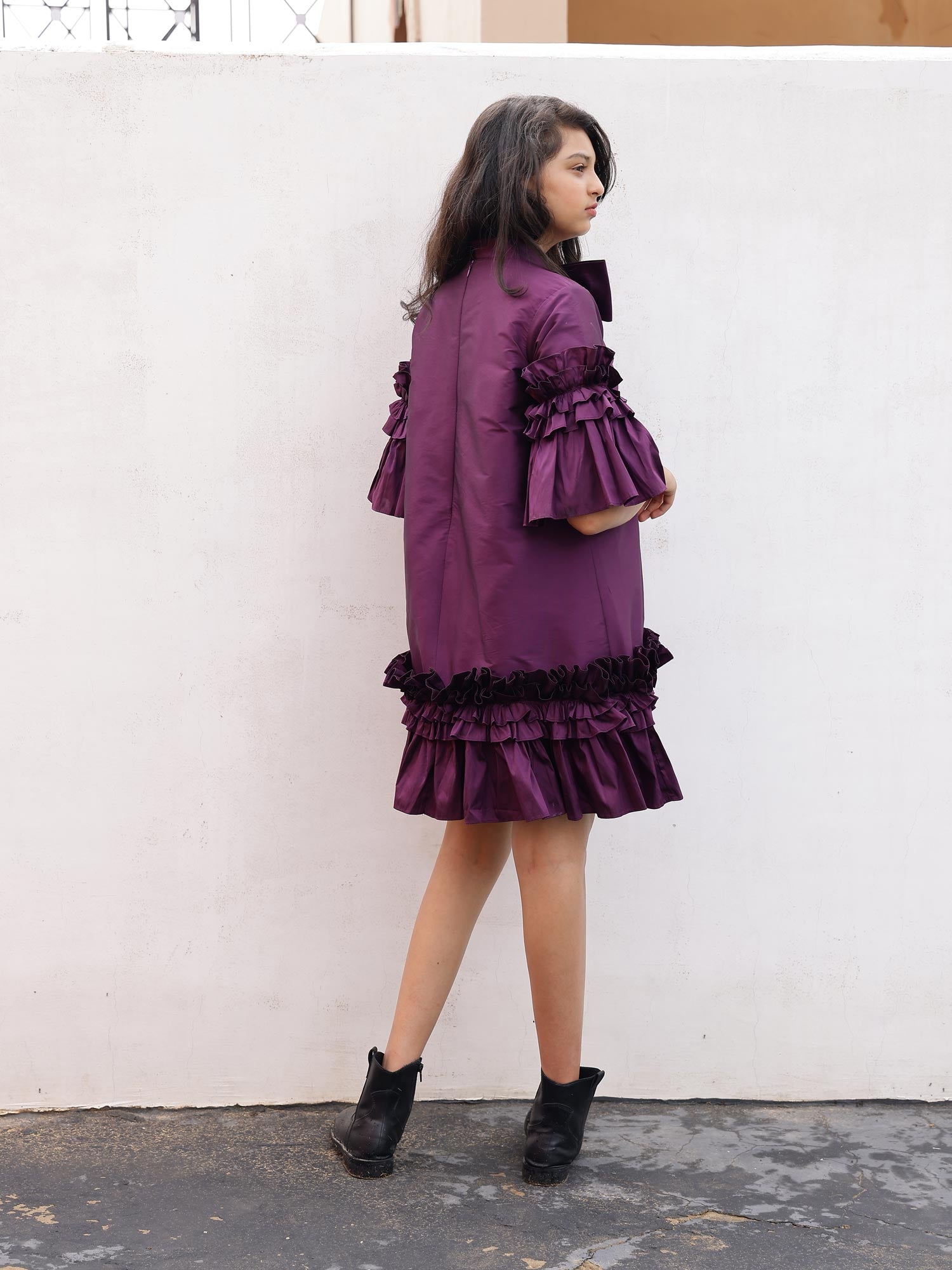 Janyas Closet Teen Purple Ruffle Dress with Bow Tie Collar