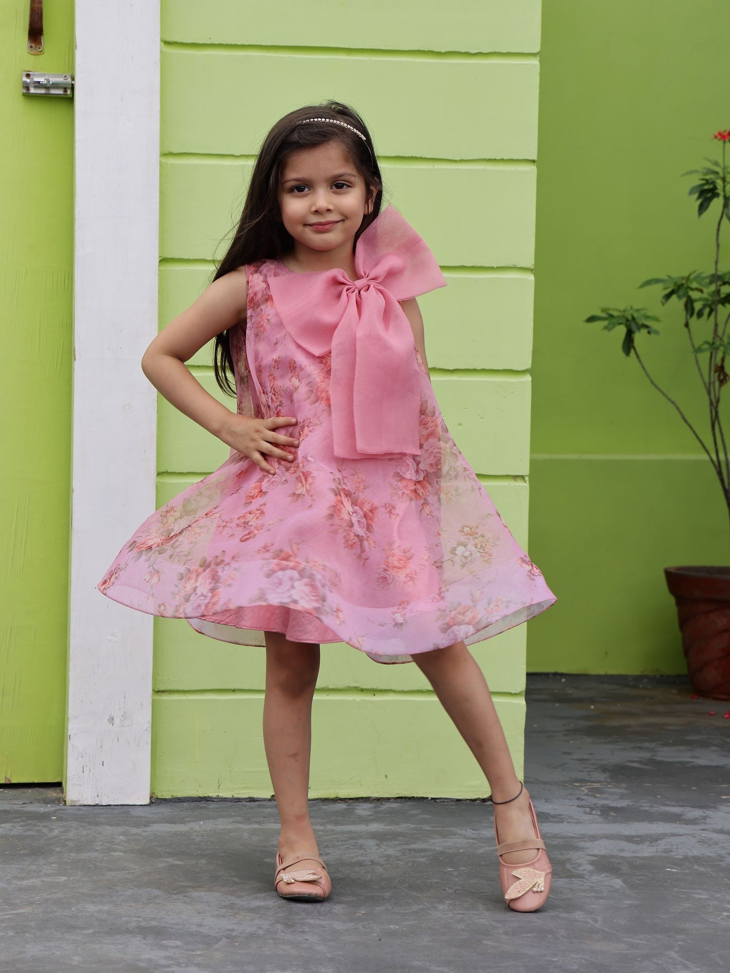 Party Wear Mauve Printed Flower Girl Dress