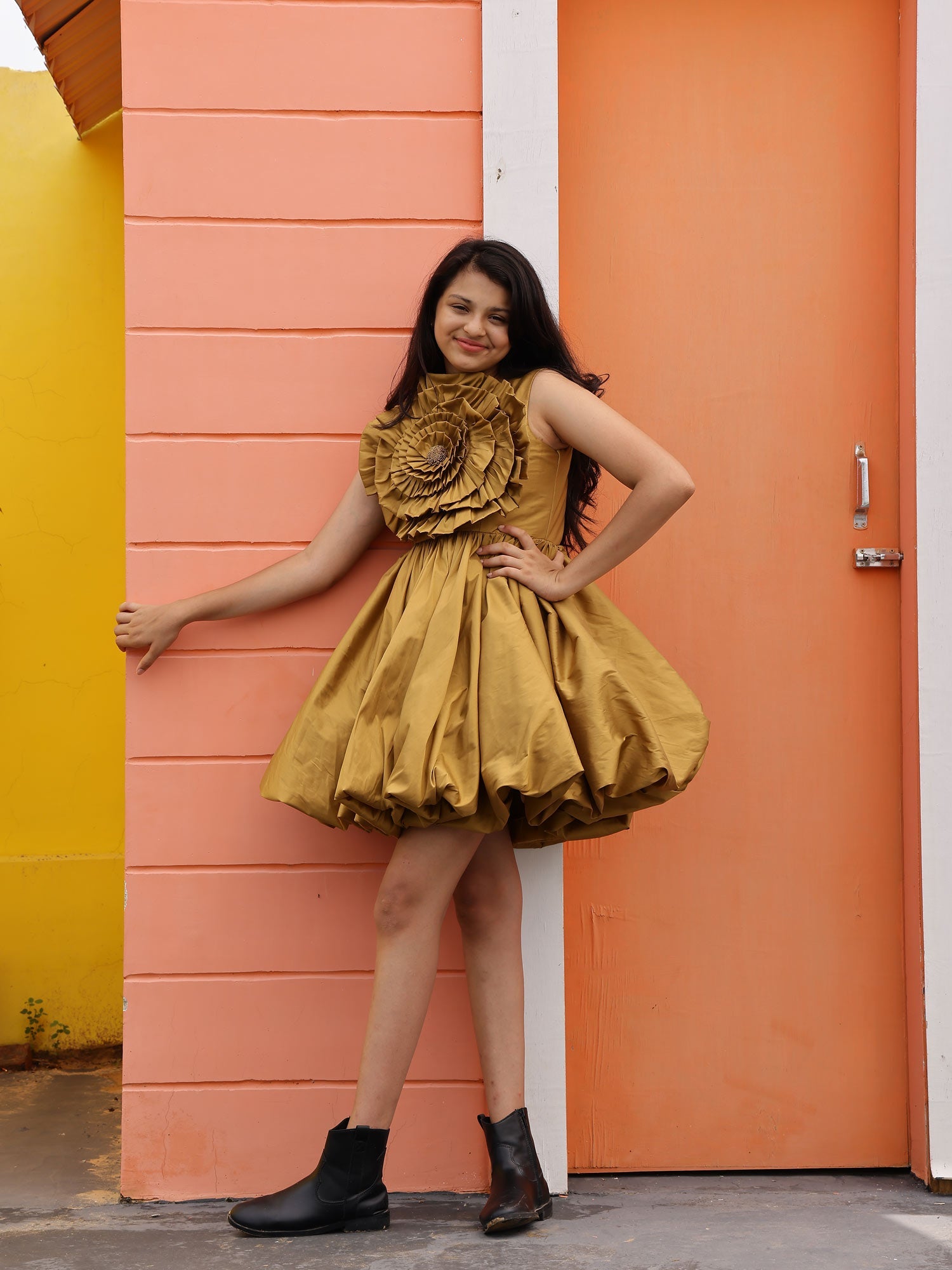 Golden Drape Girls Party Dress with Hair Accessory ( 12Y -13 Y)