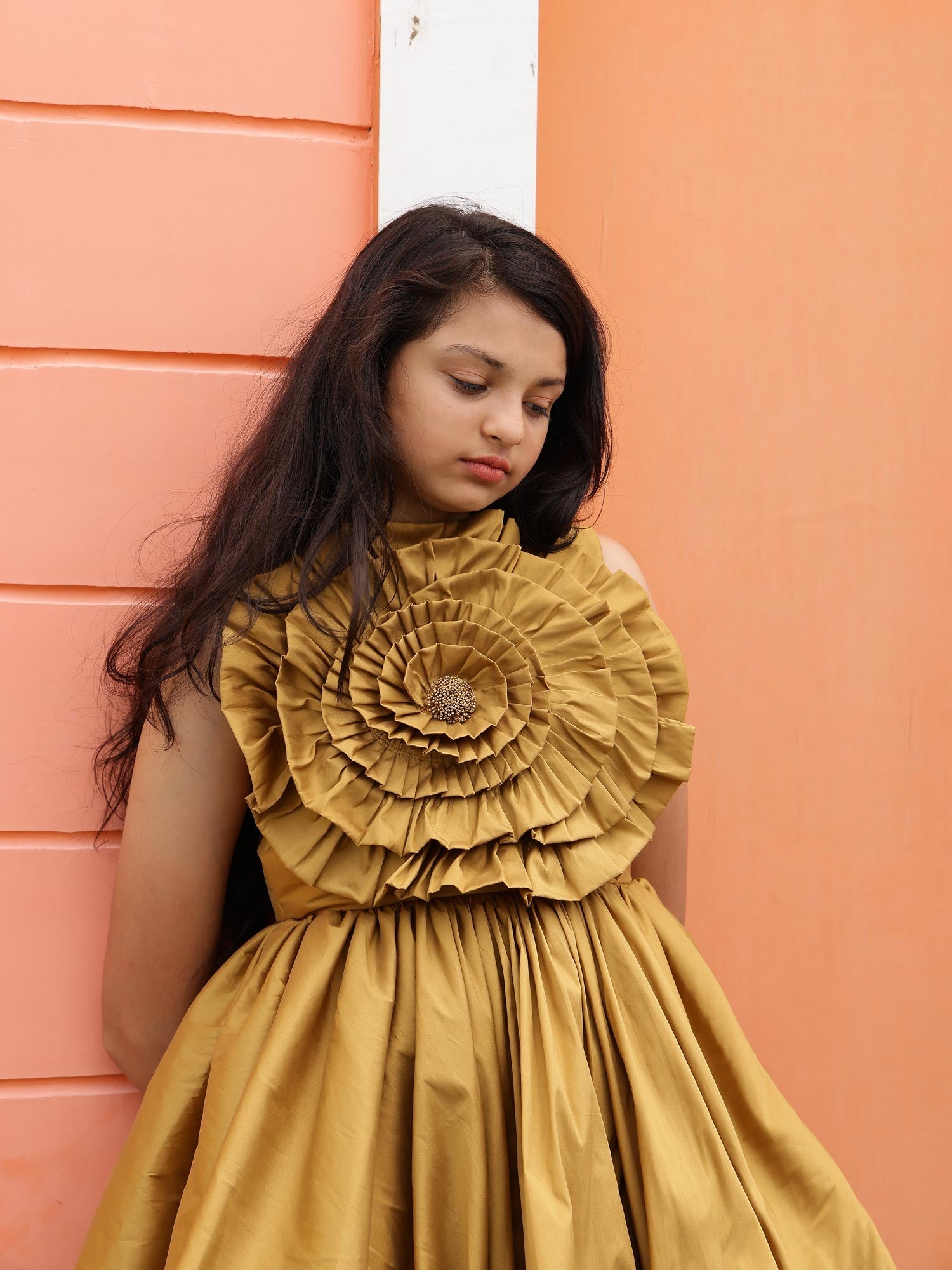 Golden Drape Girls Party Dress with Hair Accessory ( 12Y -13 Y)