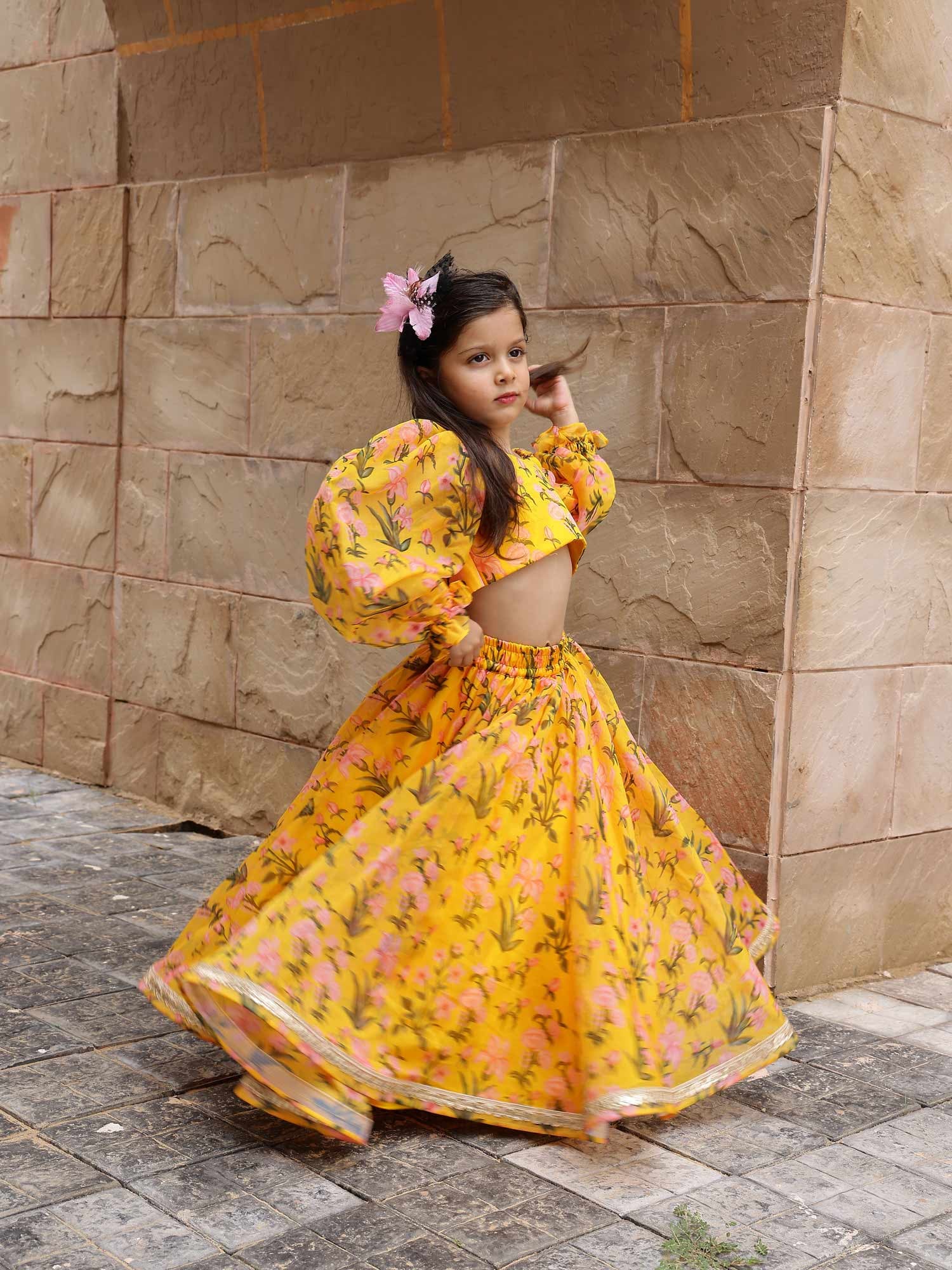 Yellow Printed Floral Lehnga Set