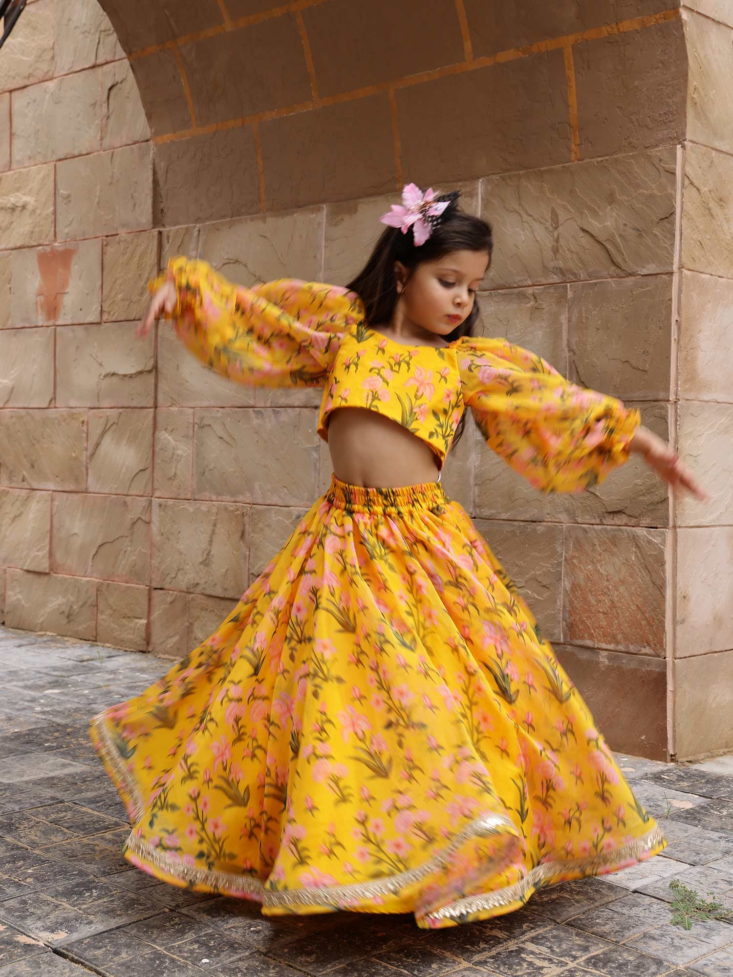 Yellow Printed Floral Lehnga Set