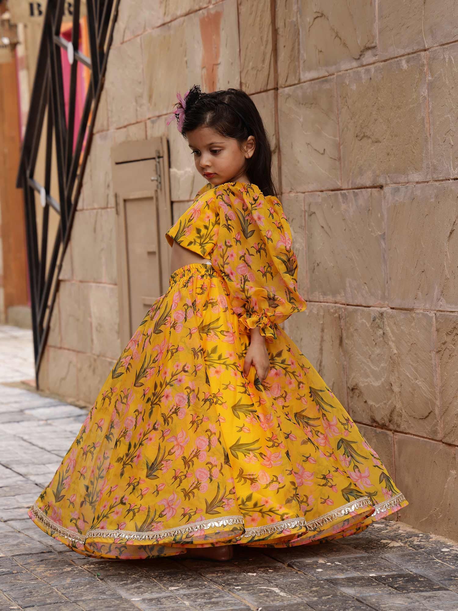 Yellow Printed Floral Lehnga Set