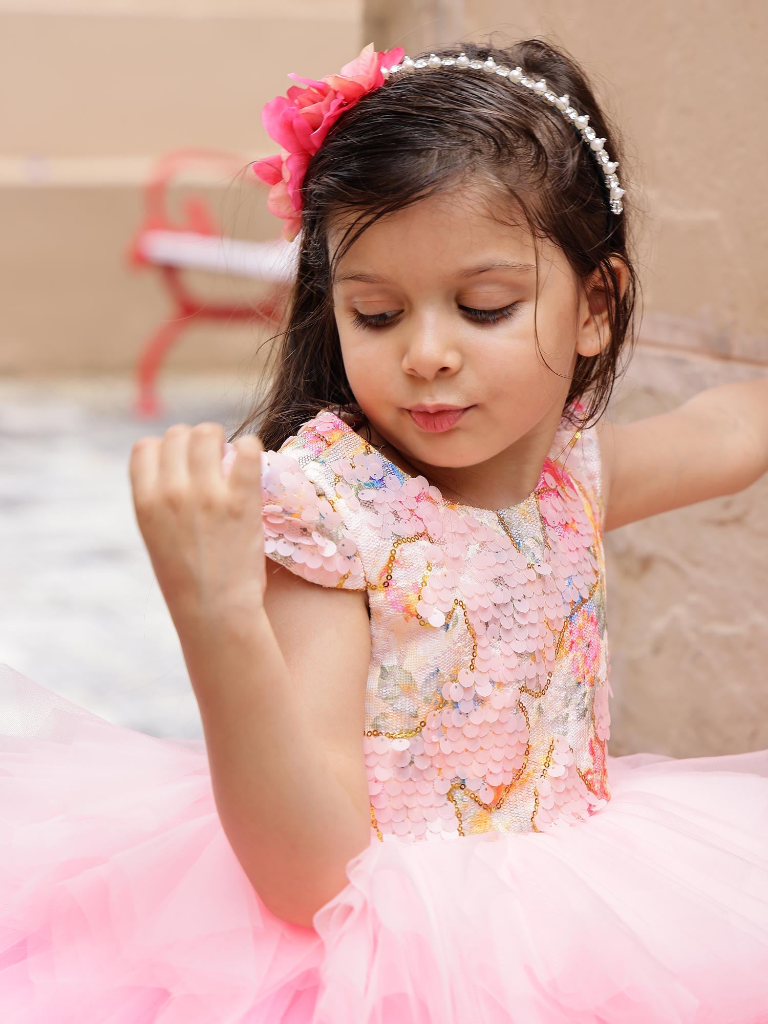 Pink Sequins Stormi Party Dress With Hair Accessory