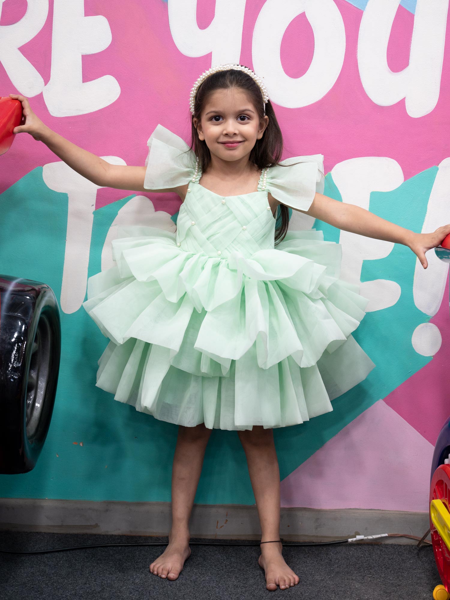 Sample Green Organza Ruffled Tiered Dresses