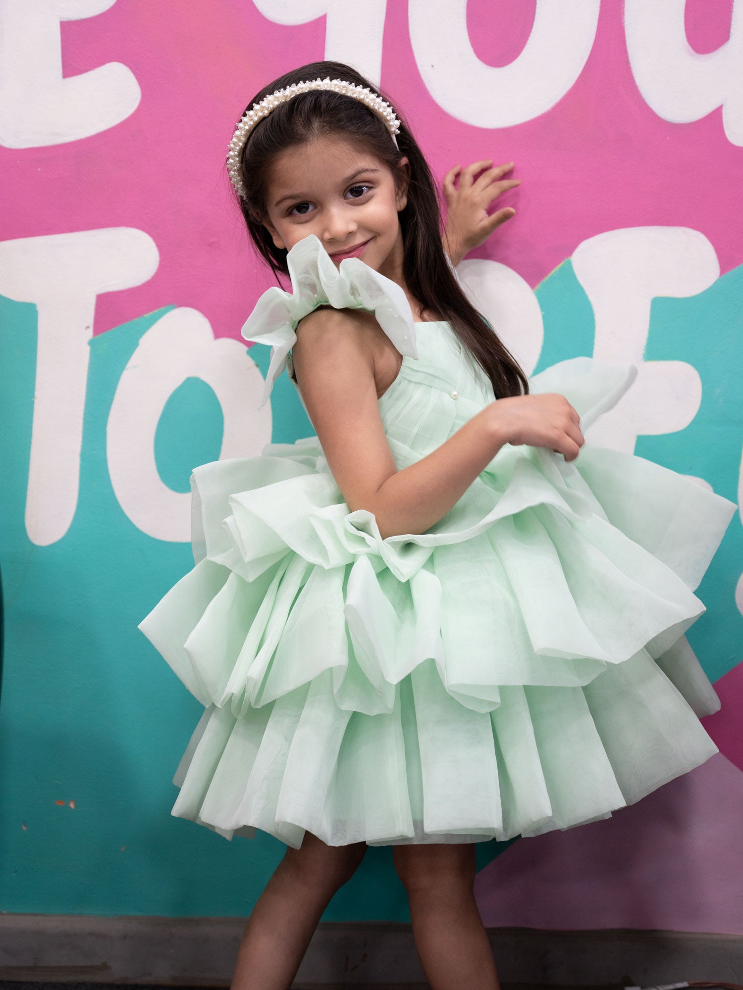 Sample Green Organza Ruffled Tiered Dresses