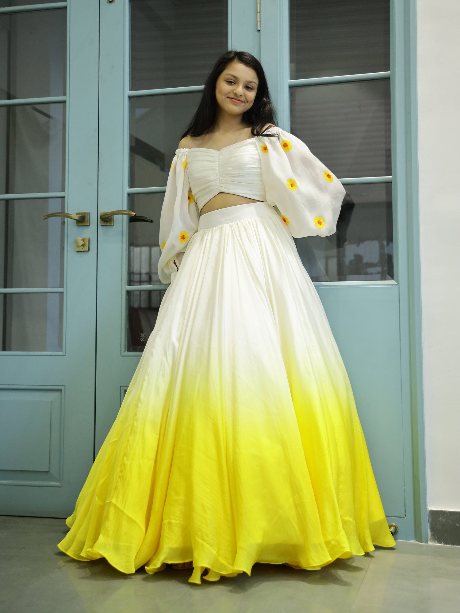 Yellow Ombre lehnga with Draped Painted Blouse