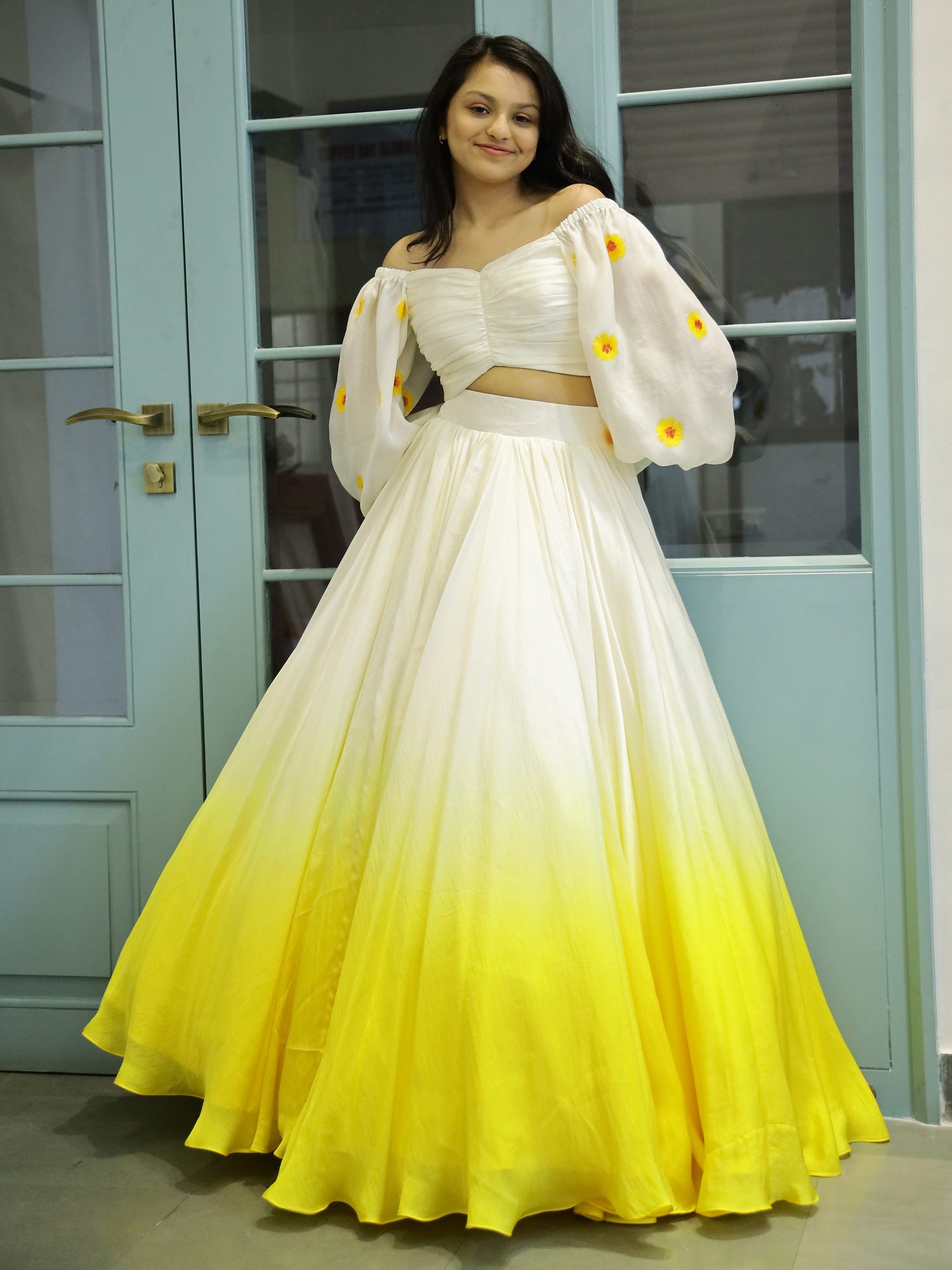 Yellow Ombre lehnga with Draped Painted Blouse