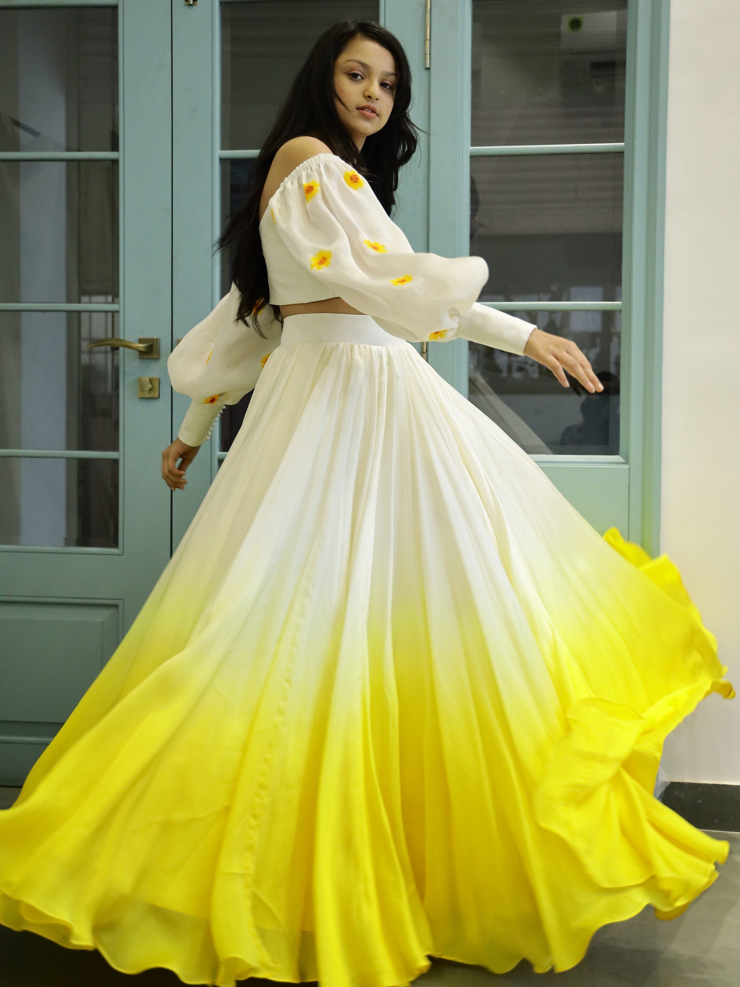 Yellow Ombre lehnga with Draped Painted Blouse