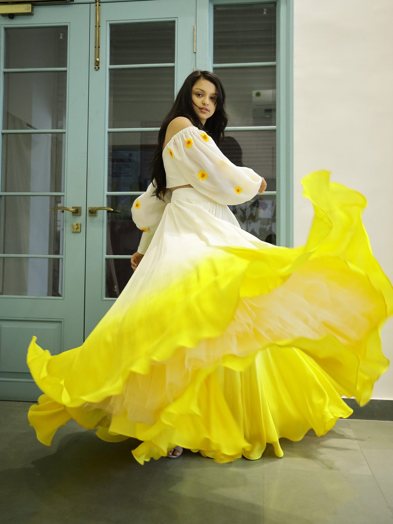 Yellow Ombre lehnga with Draped Painted Blouse