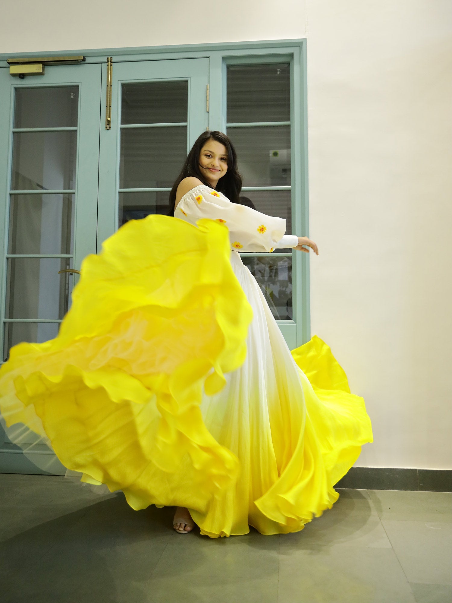 Yellow Ombre lehnga with Draped Painted Blouse