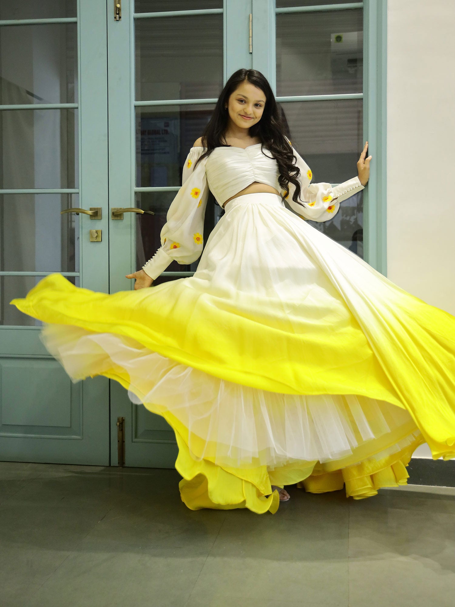 Yellow Ombre lehnga with Draped Painted Blouse