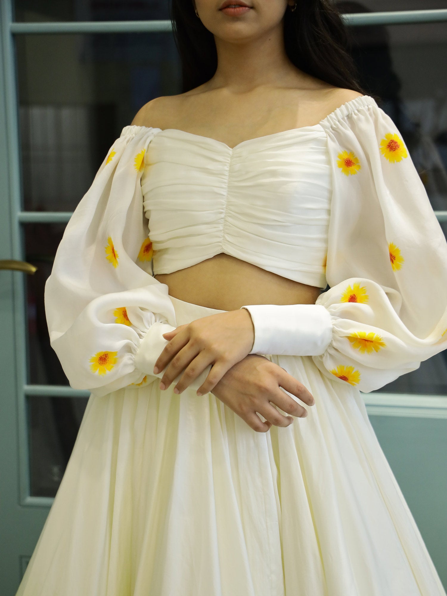 Yellow Ombre lehnga with Draped Painted Blouse