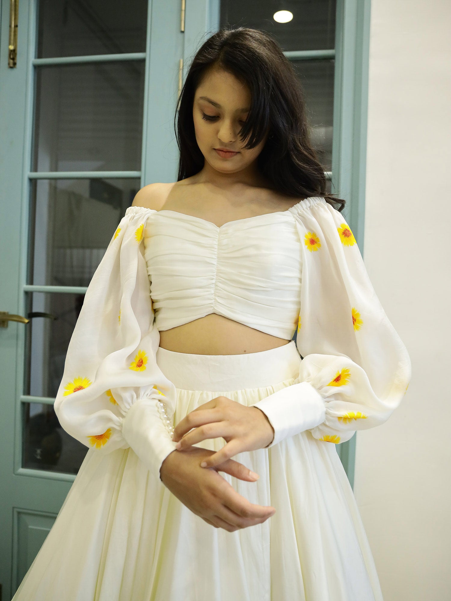 Yellow Ombre lehnga with Draped Painted Blouse