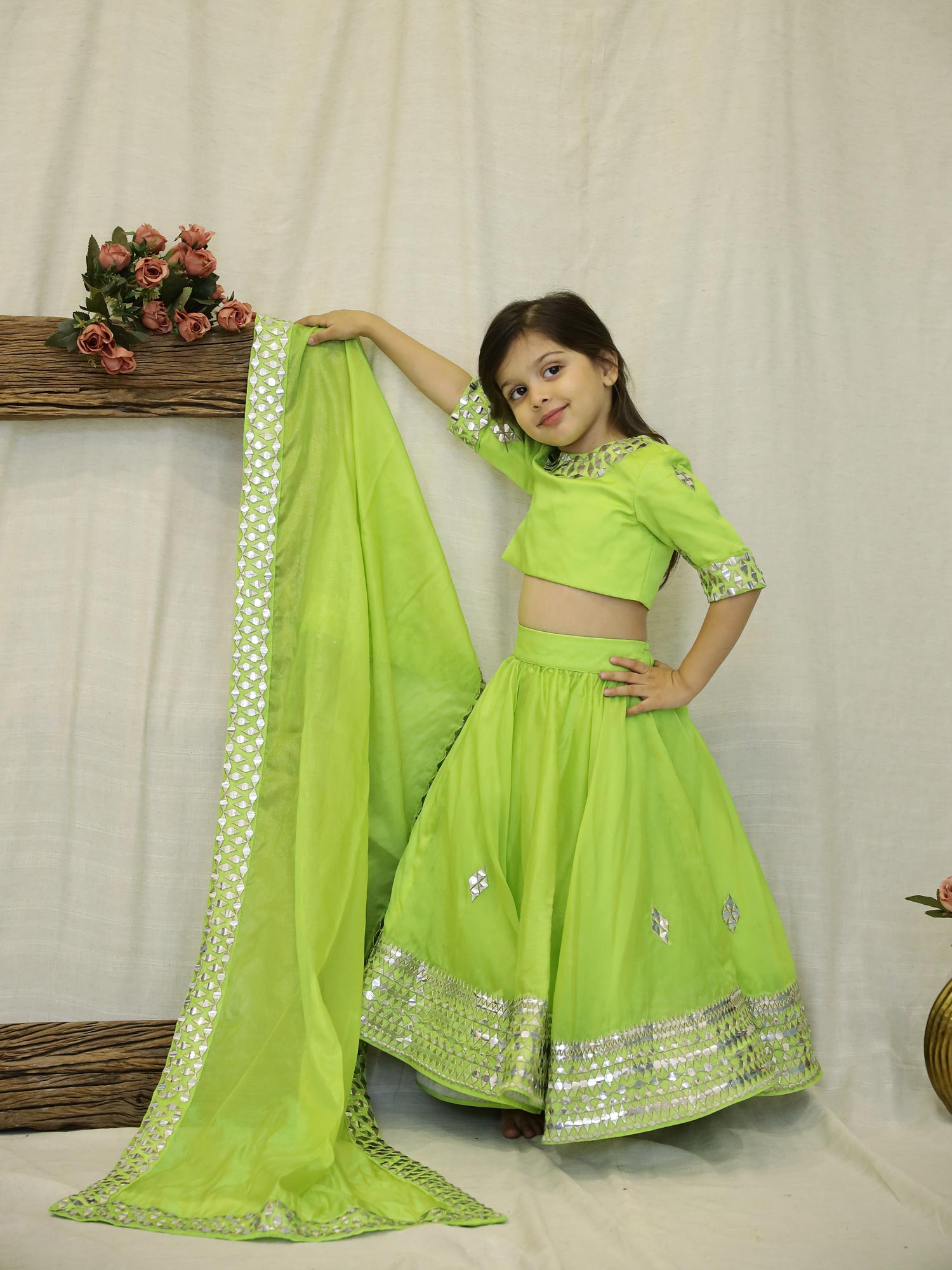 Janyas Closet Green Mirror Work Lehenga Choli with Dupatta