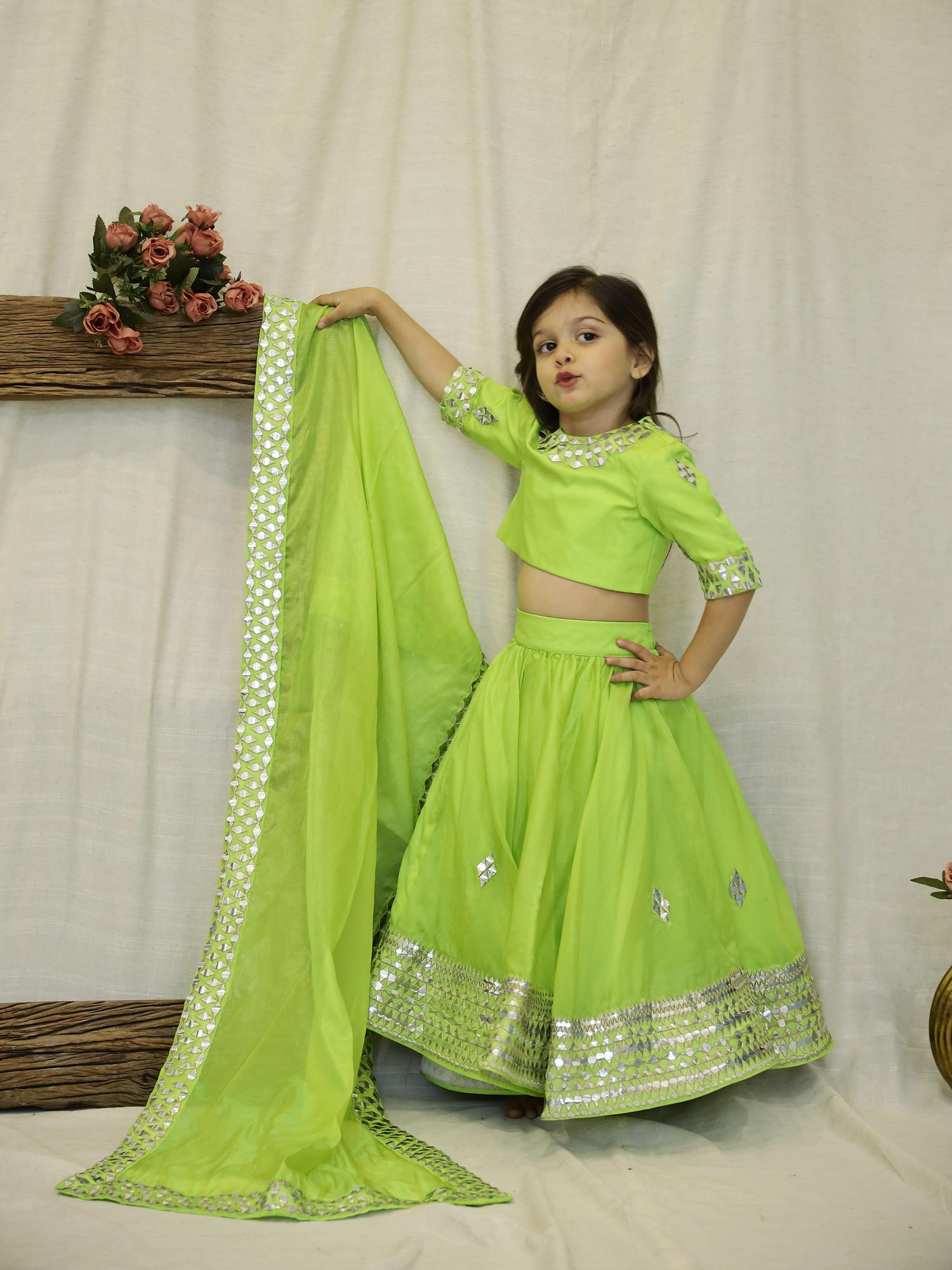 Janyas Closet Green Mirror Work Lehenga Choli with Dupatta