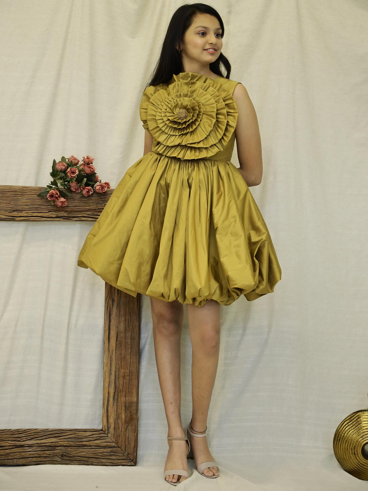 Golden Drape Girls Party Dress with Hair Accessory