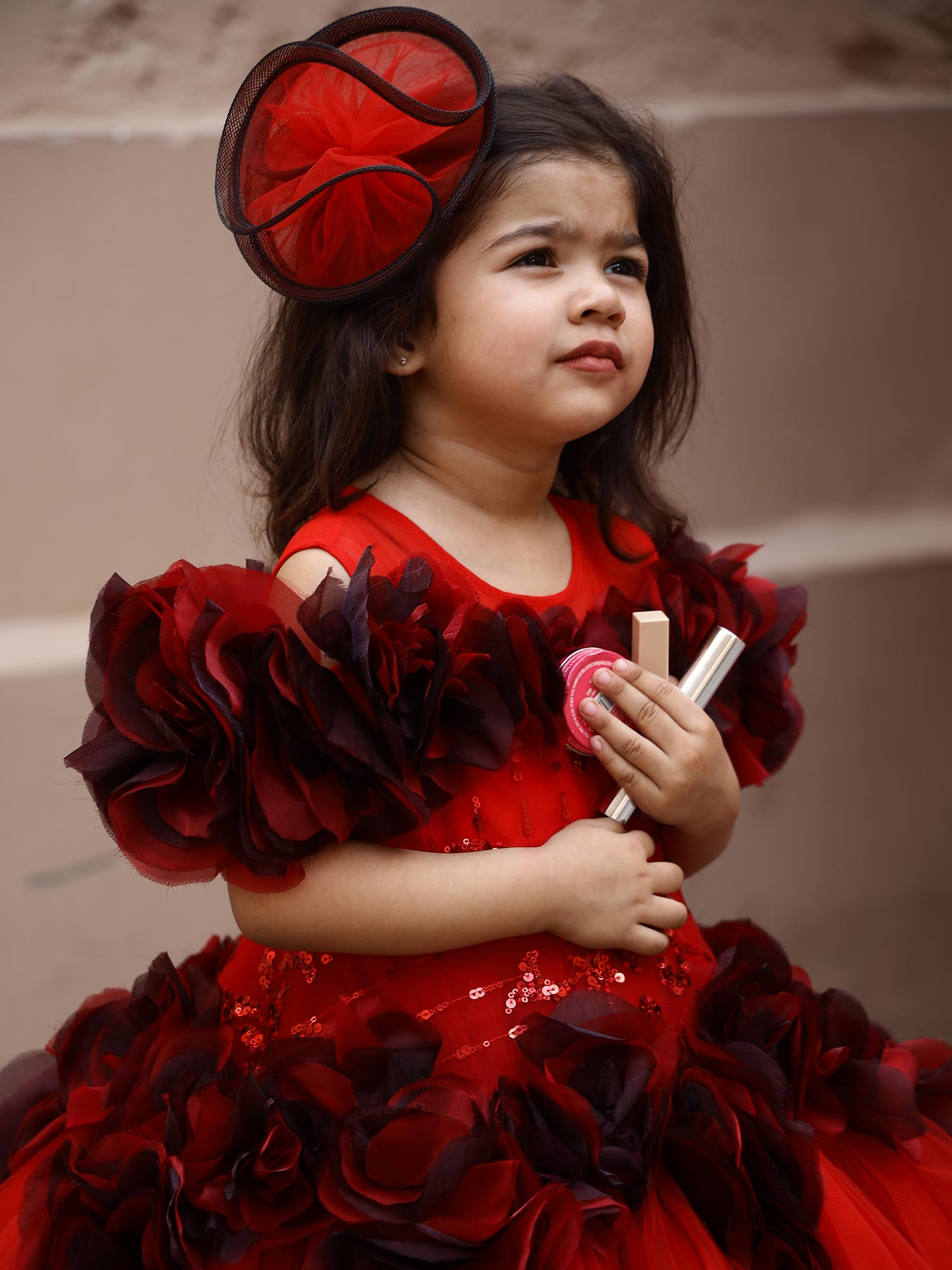 Birthday Red Shaded Ava Roses Gown With hair accessory