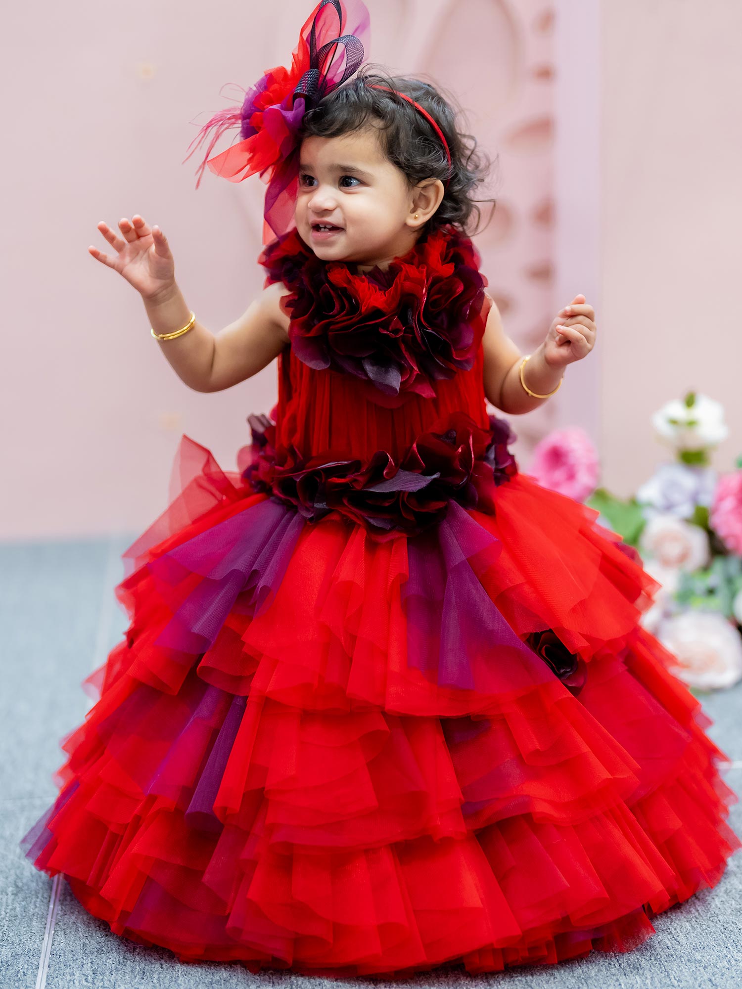 Baby Red Hankies Shaded Drapes Gown With Hair Accessory