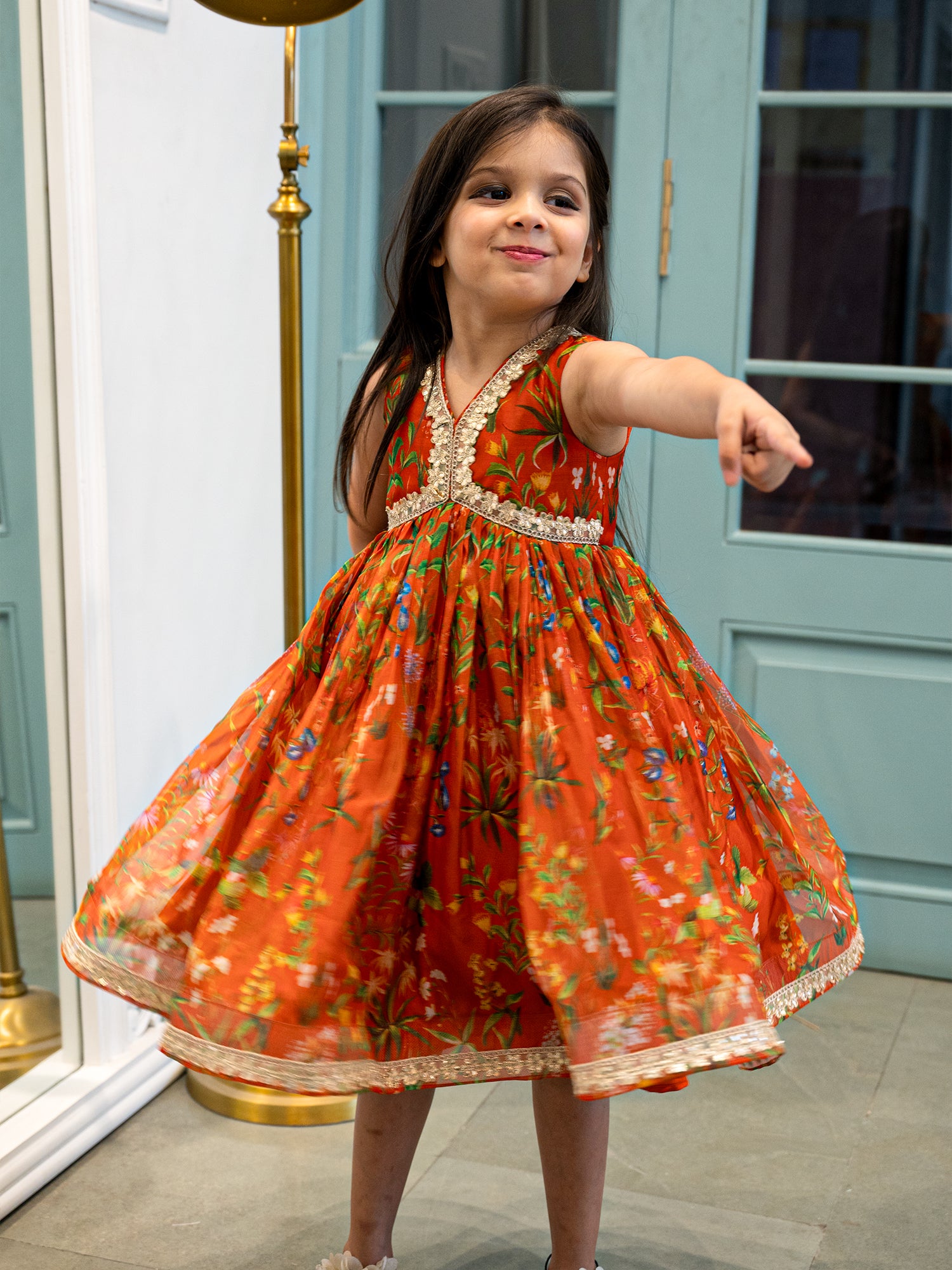 JANYAS CLOSET Burnt Orange Floral Print Ethnic Indian Dress