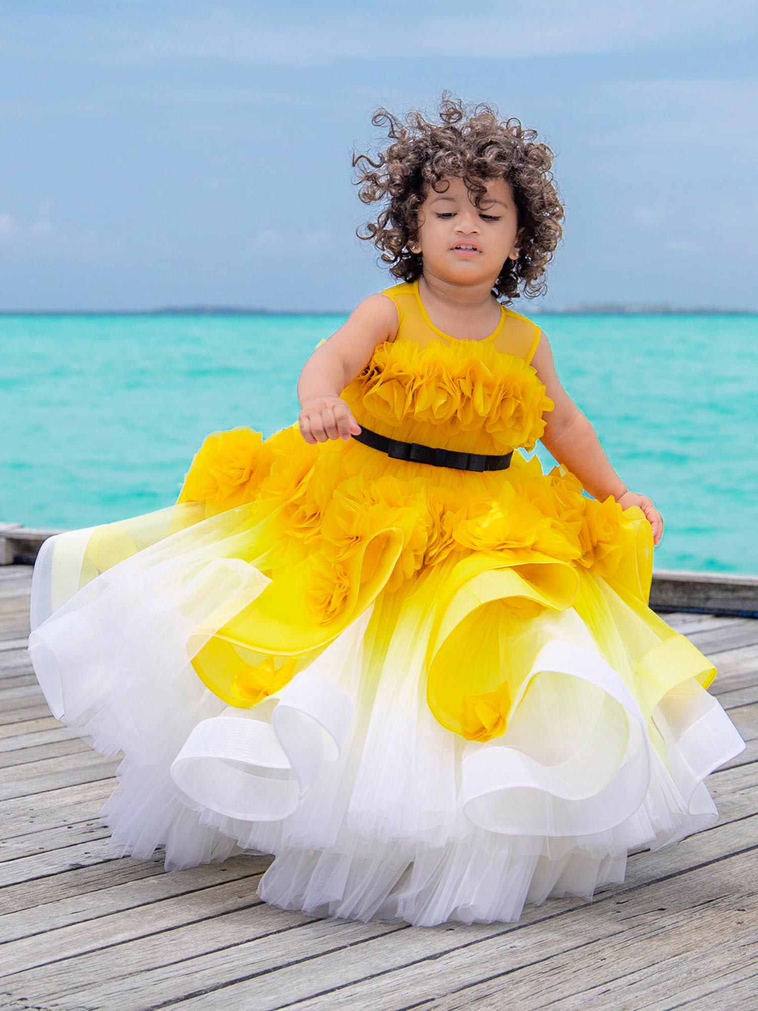 Shaded Yellow Fantasy Gown With Hair Pin