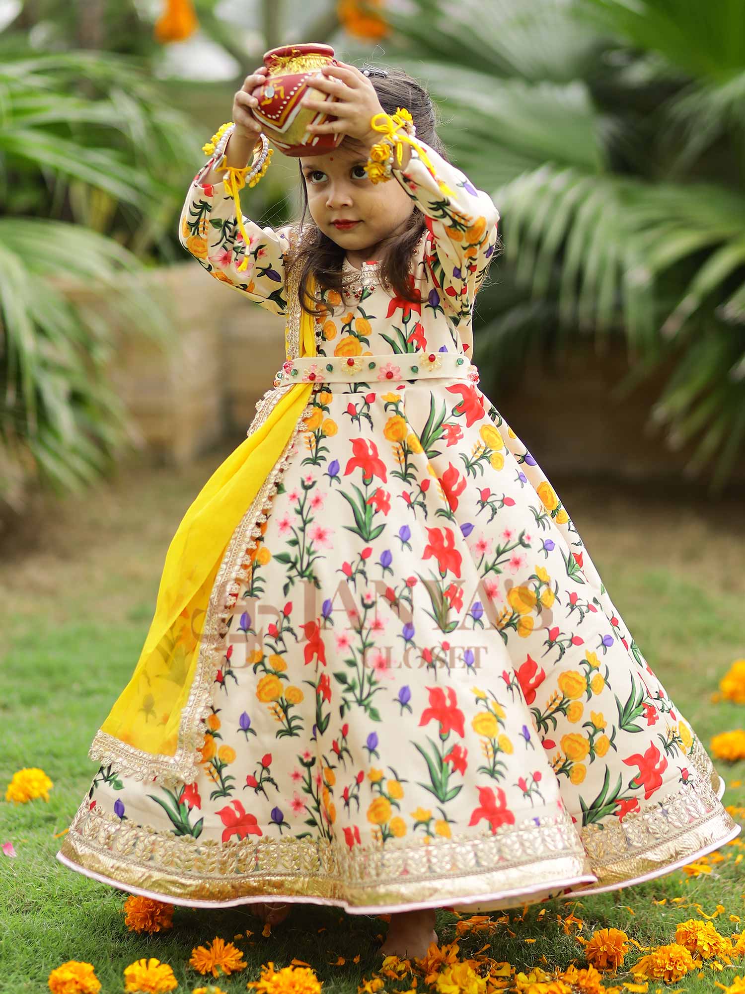 Autumn Bouquet Flared Gown With Dupatta And Belt