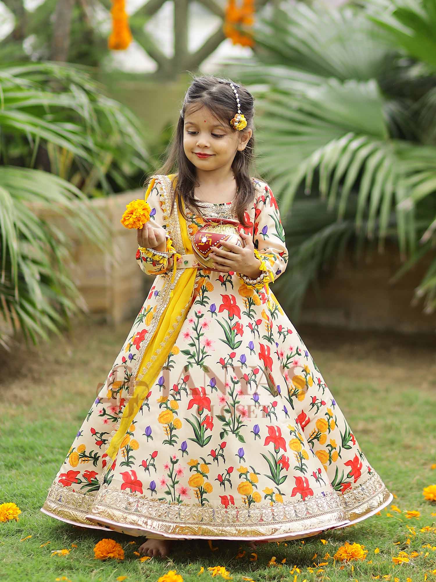 Autumn Bouquet Flared Gown With Dupatta And Belt