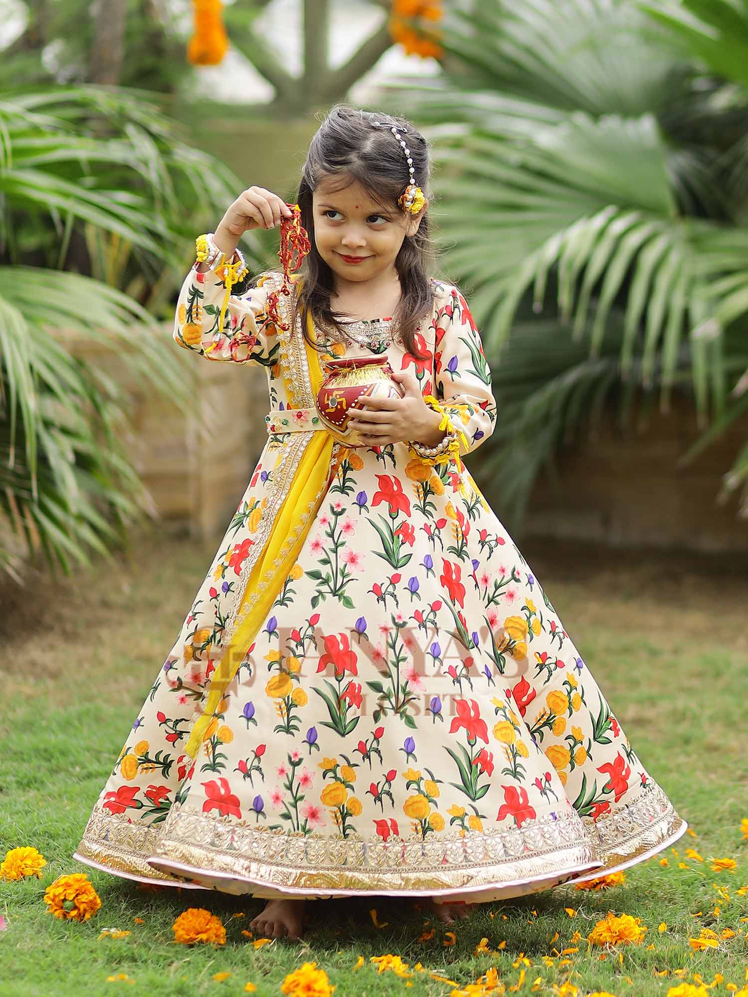 Autumn Bouquet Flared Gown With Dupatta And Belt