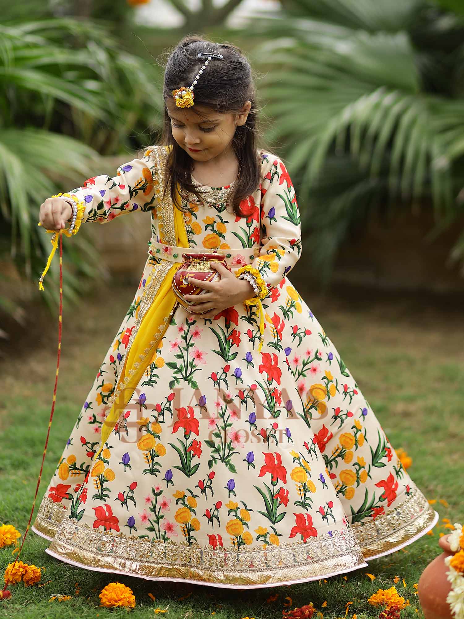 Autumn Bouquet Flared Gown With Dupatta And Belt