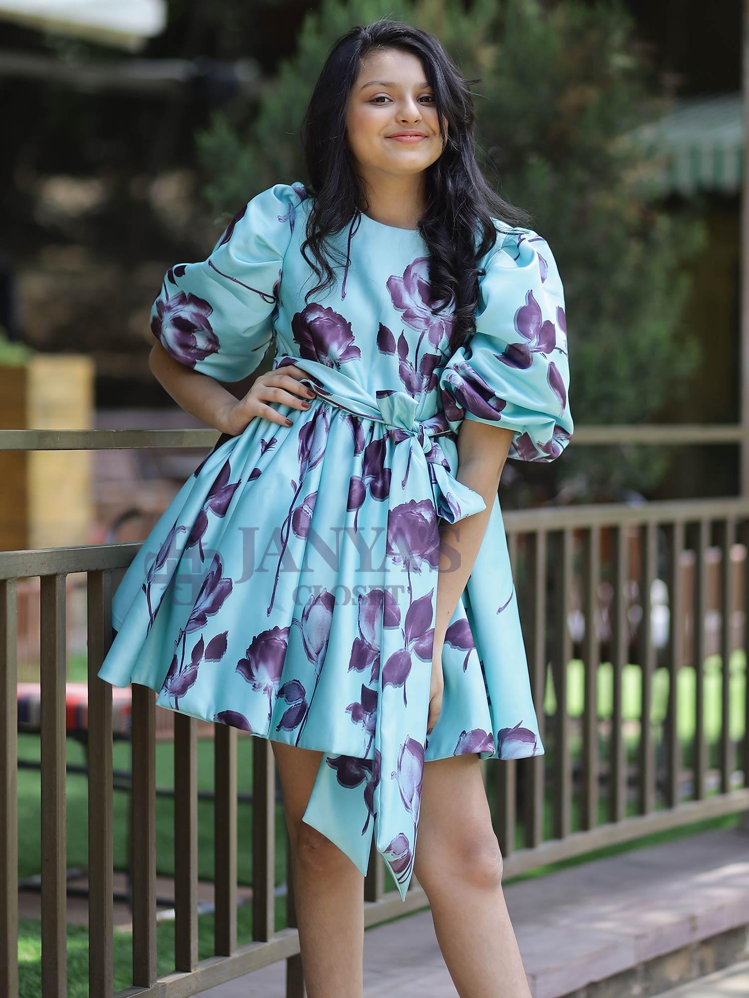 Satin Purple Floral Print Party Dress