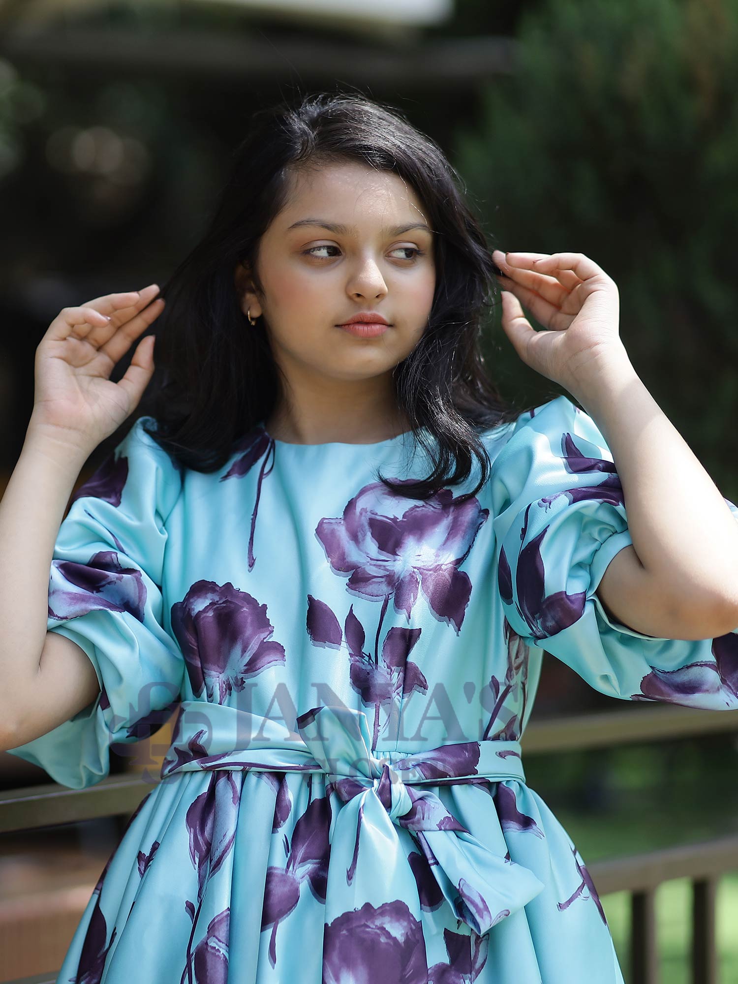 Satin Purple Floral Print Party Dress