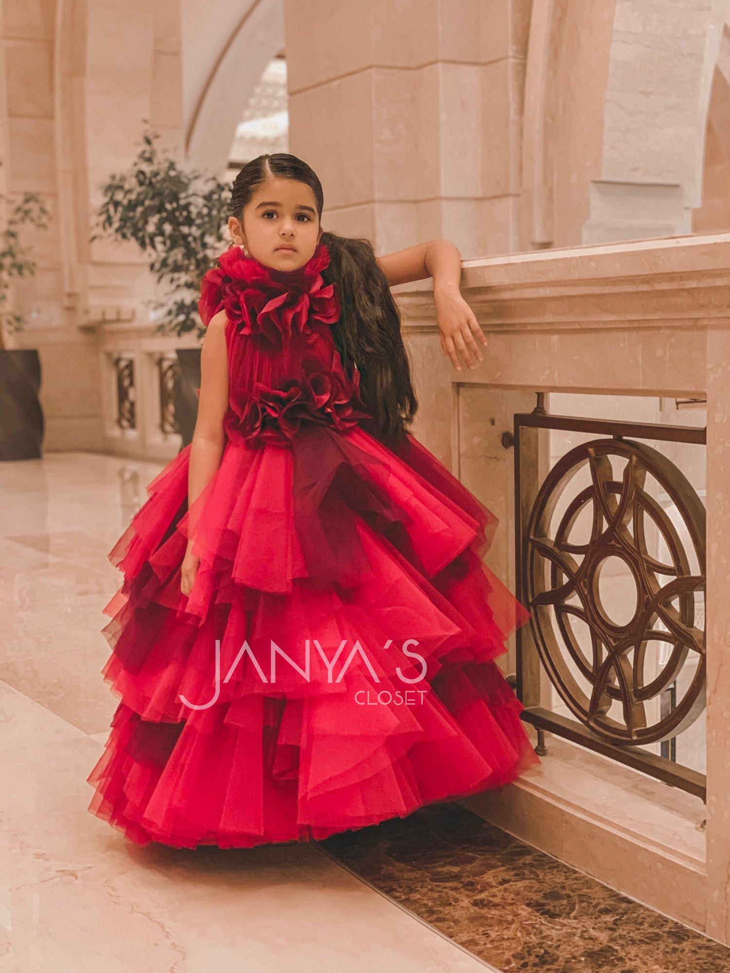 Baby Red Hankies Shaded Drapes Gown With Hair Accessory