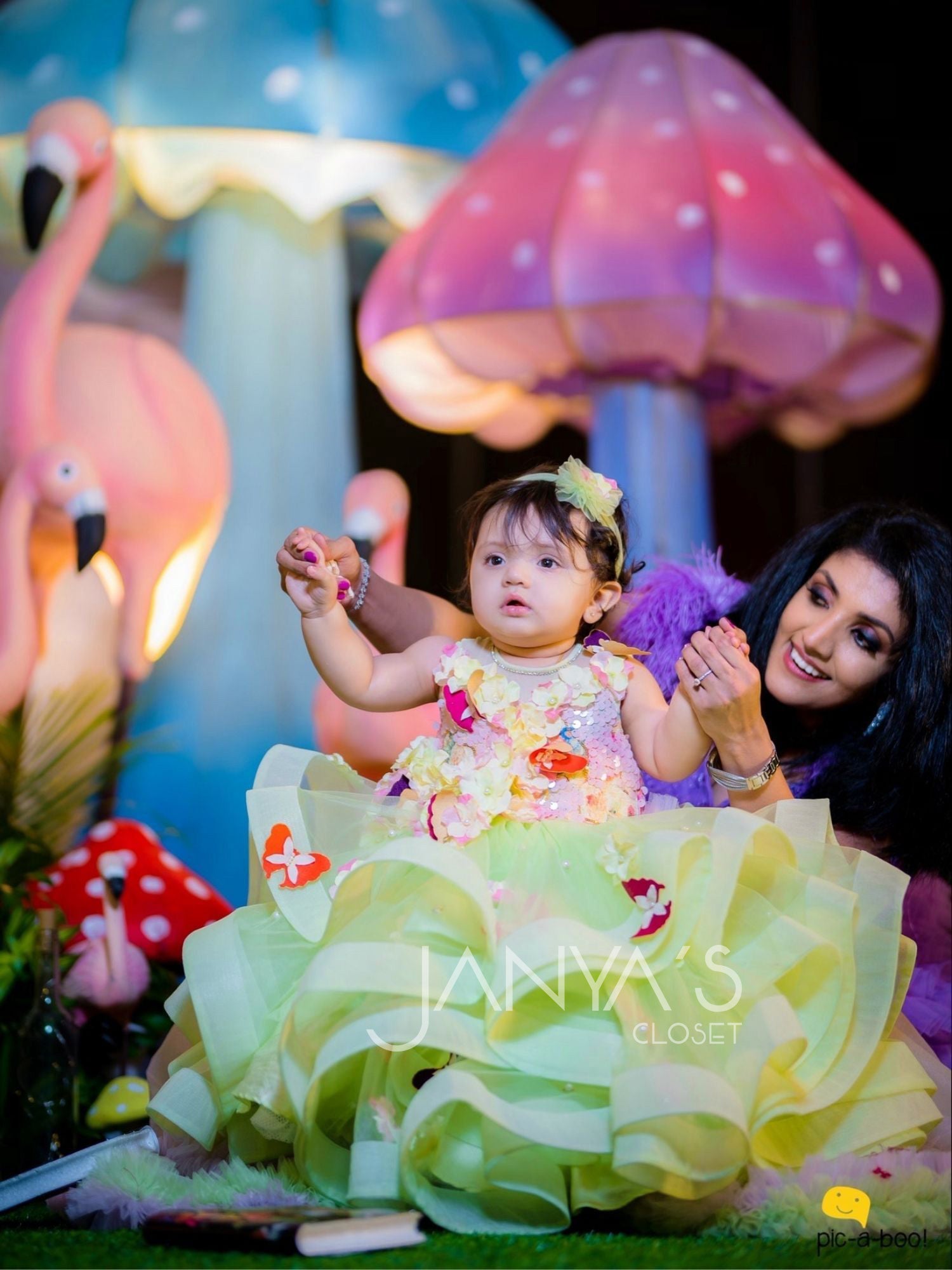 Green Princess Gown With Butterflies And Detachable Double Train With Accessory