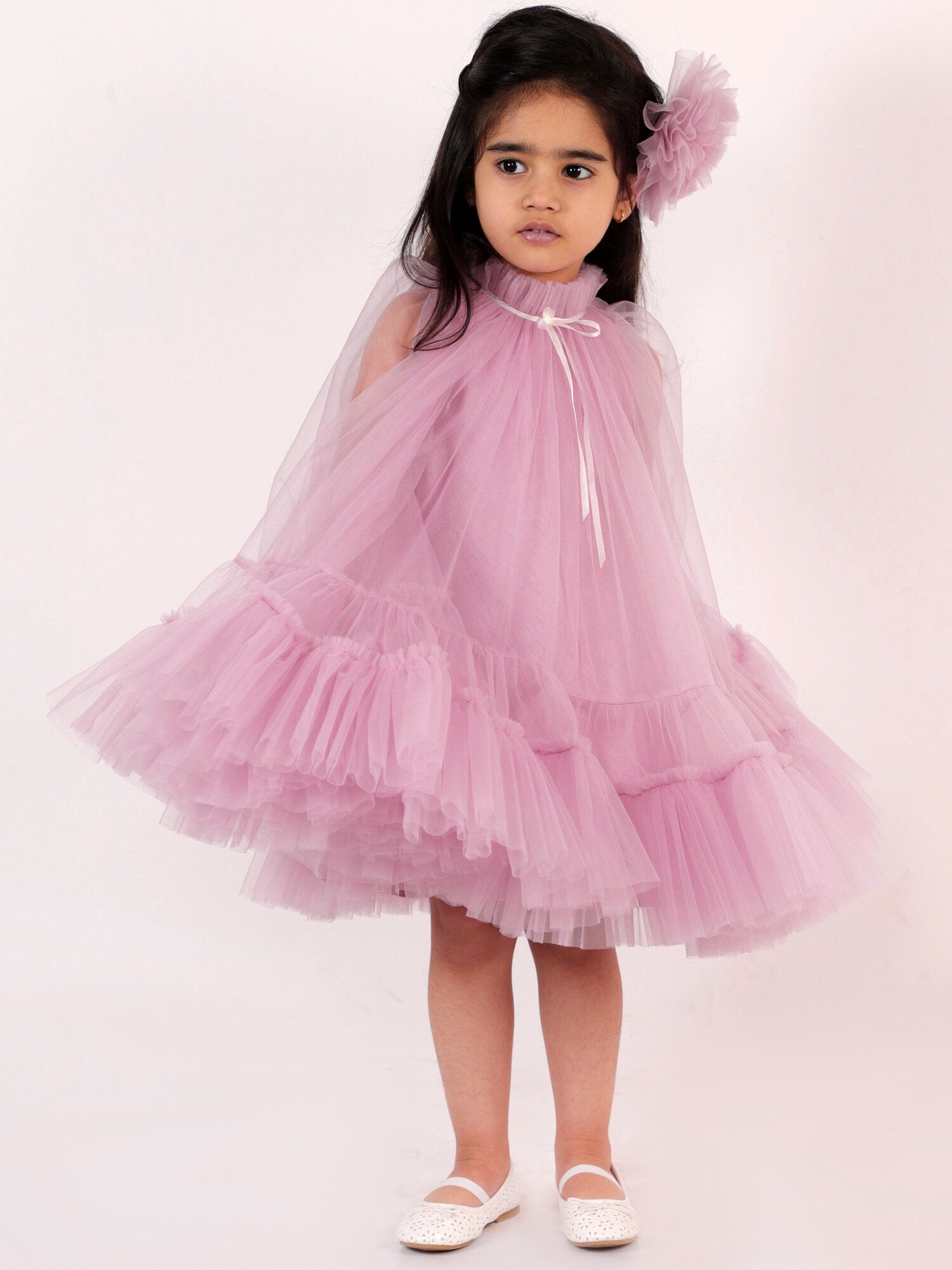 Mauve Pink Preety Party Teens Net Layered Dress with Hair pin*