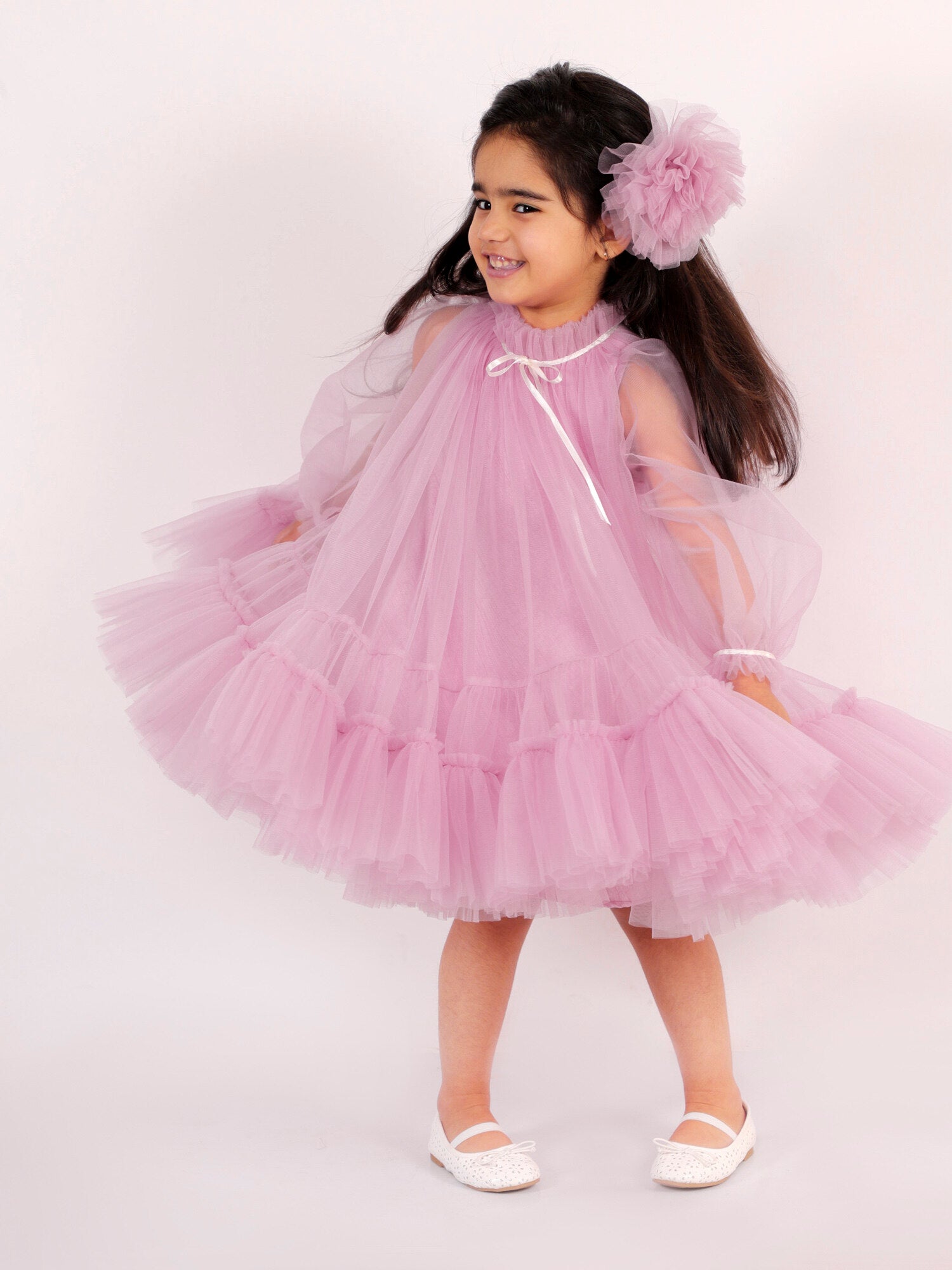 Mauve Pink Preety Party Teens Net Layered Dress with Hair pin*