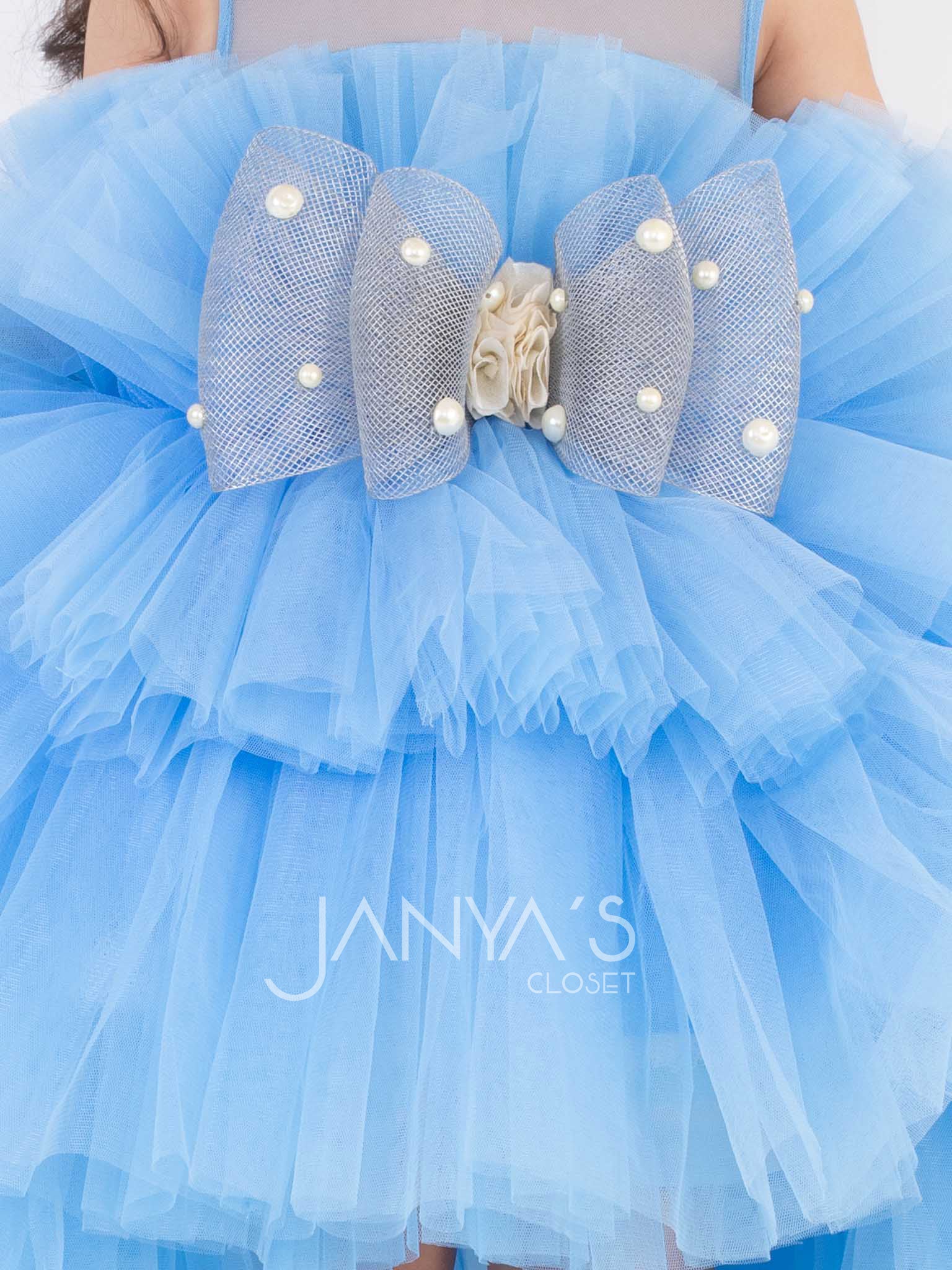 Blue Tiered High-low Gown With Hair Accessory