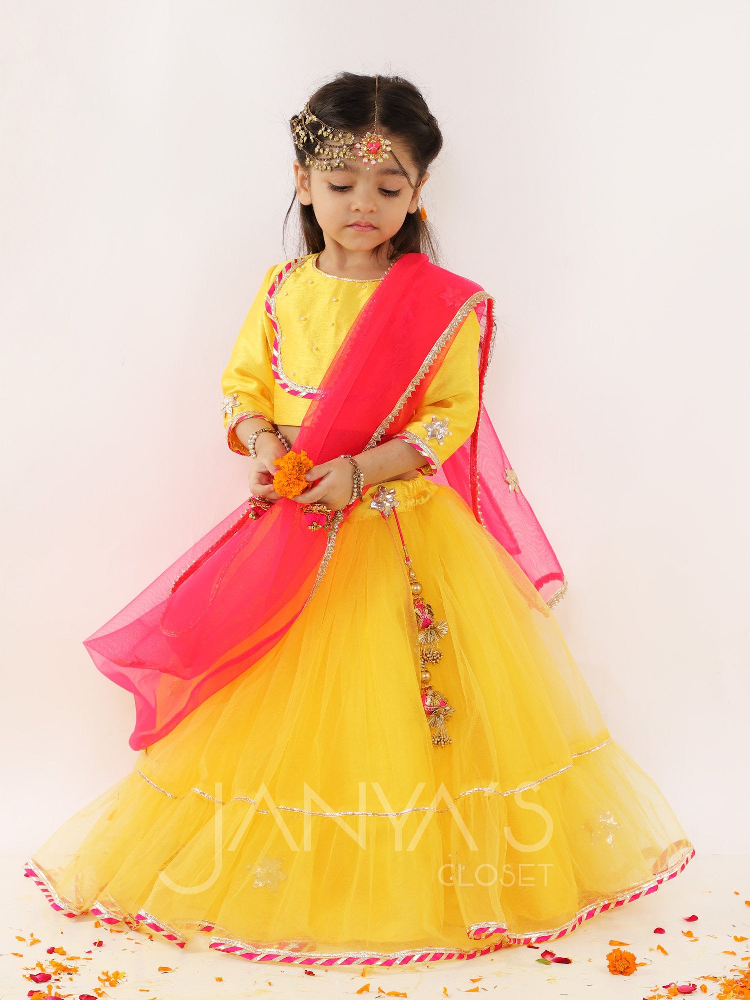 Yellow Net Lehnga Set With Pink Dupatta