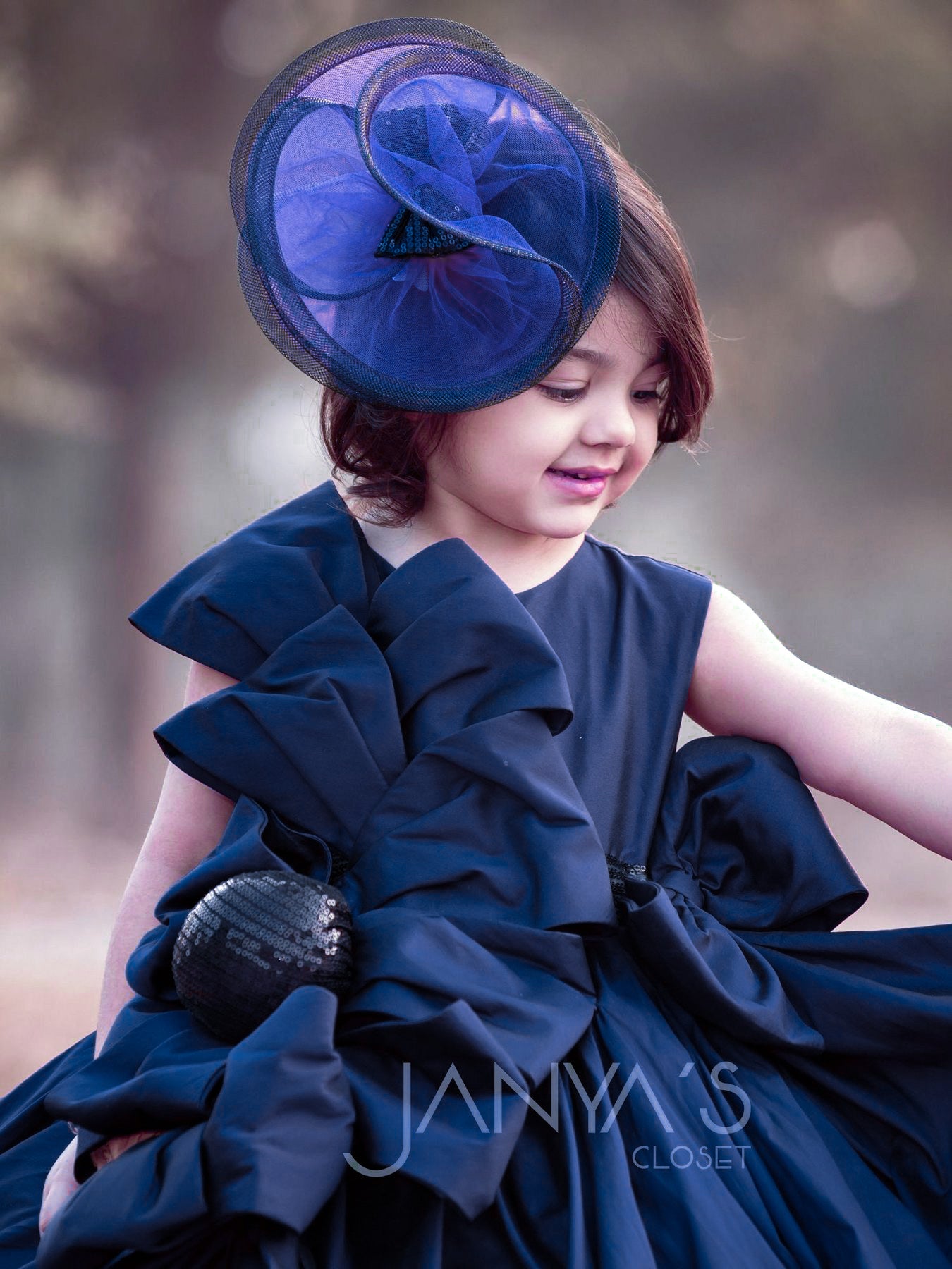 Blue Structured Bow Taffeta Gown With Hair Accessory