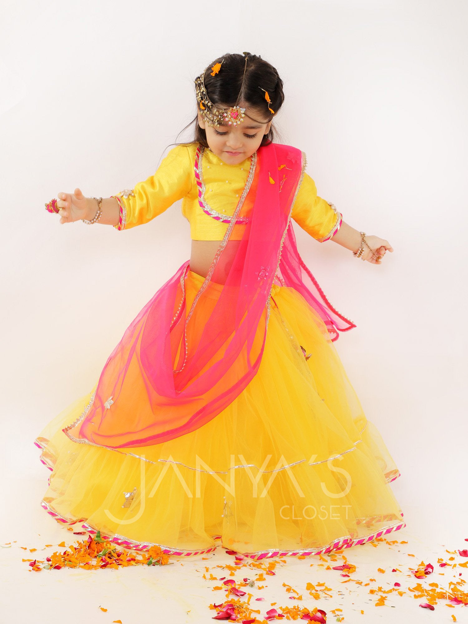 Yellow Net Lehnga Set With Pink Dupatta