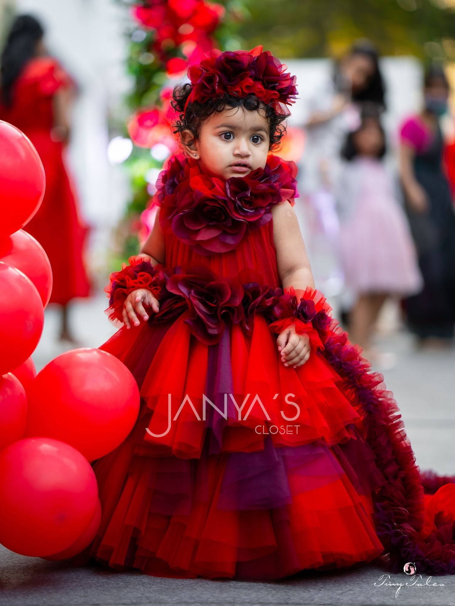 Baby Red Hankies Shaded Drapes Gown With Hair Accessory