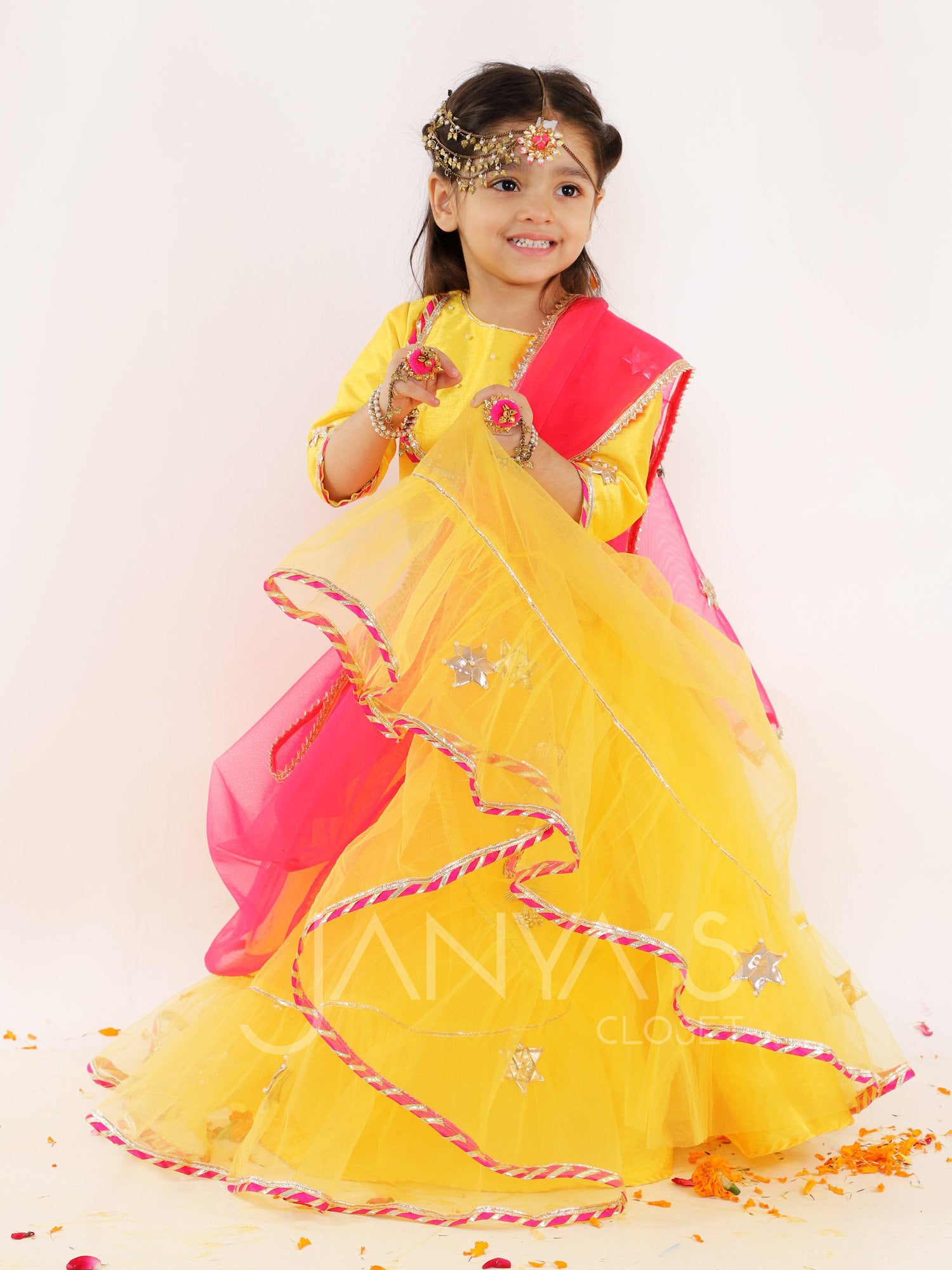 Yellow Net Lehnga Set With Pink Dupatta