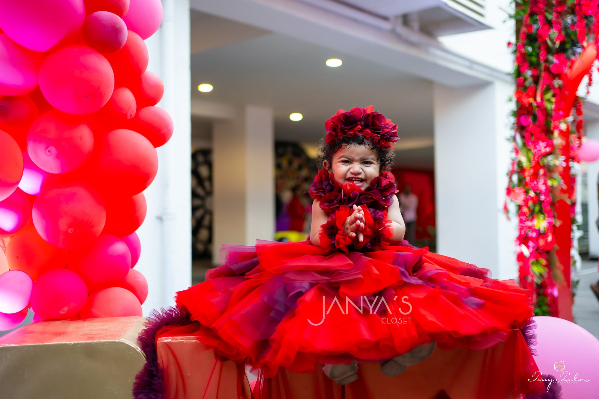 Baby Red Hankies Shaded Drapes Gown With Hair Accessory