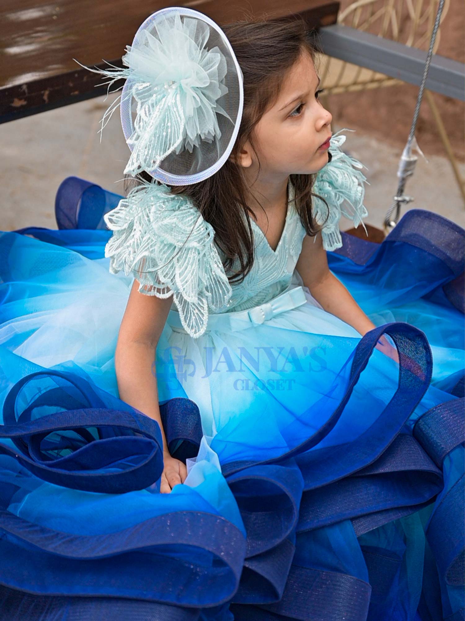 Ombre Shaded Cascading Ruffle Gown With Hair Pin *