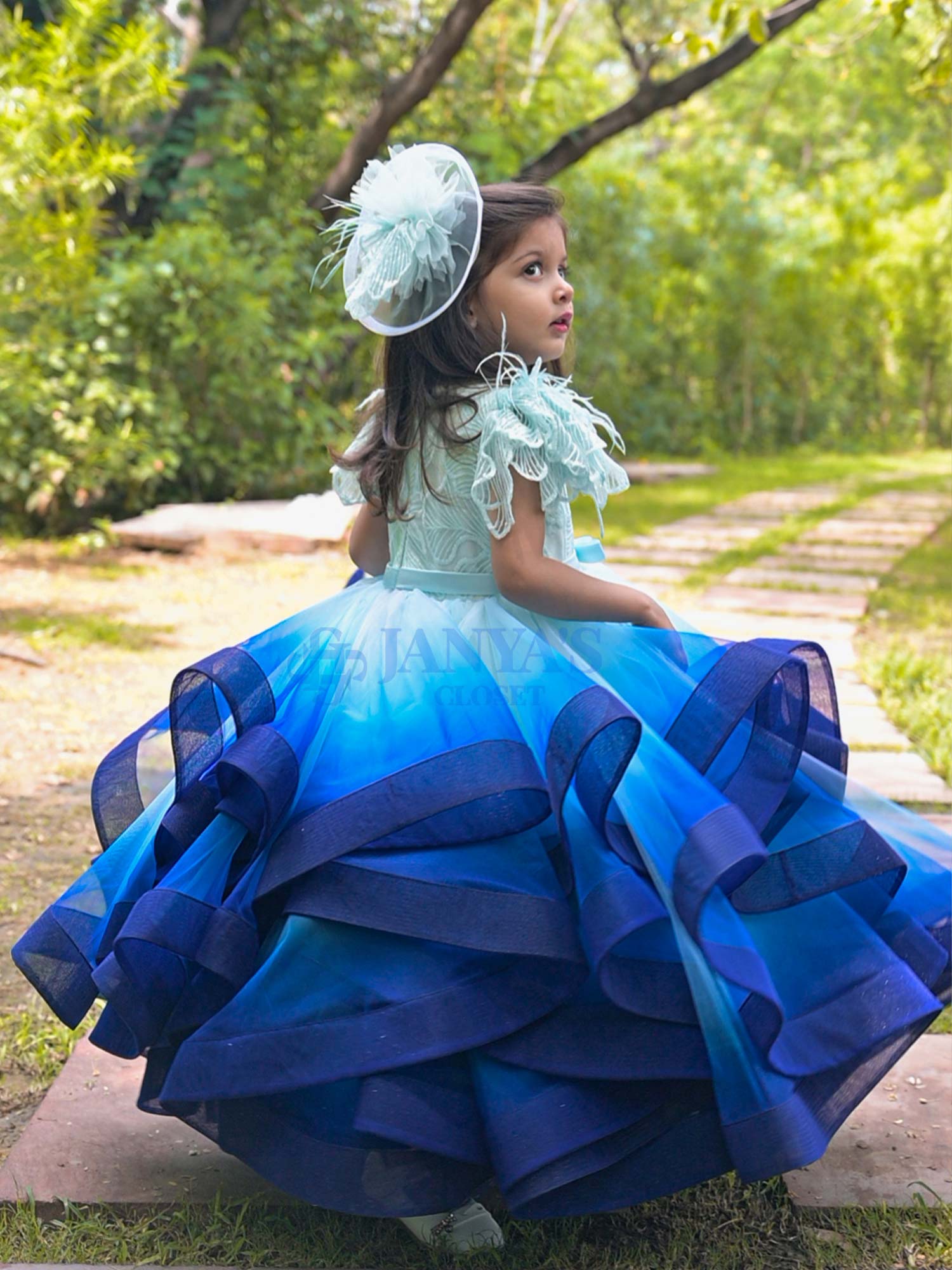 Ombre Shaded Cascading Ruffle Gown With Hair Pin *