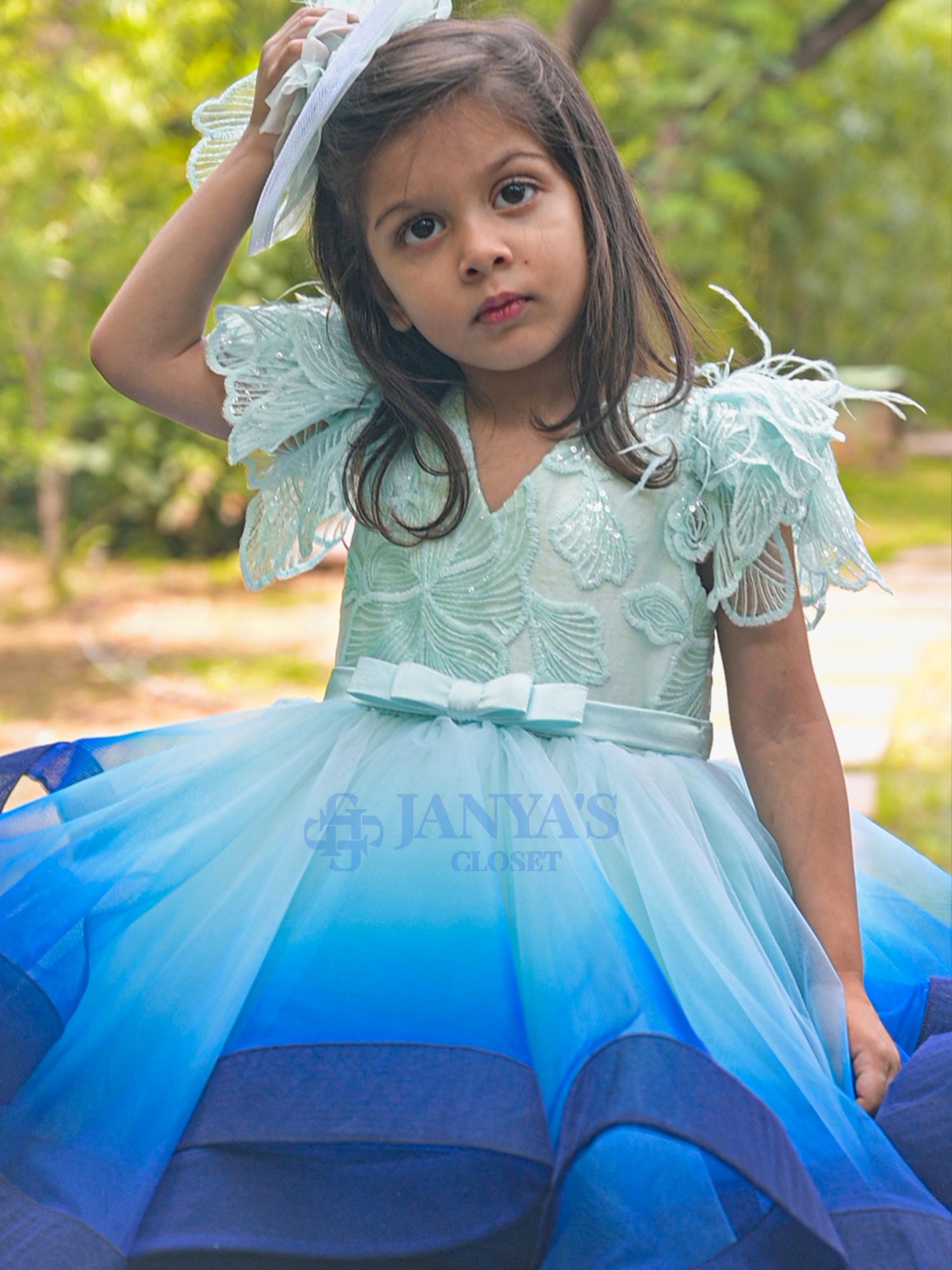 Ombre Shaded Cascading Ruffle Gown With Hair Pin *