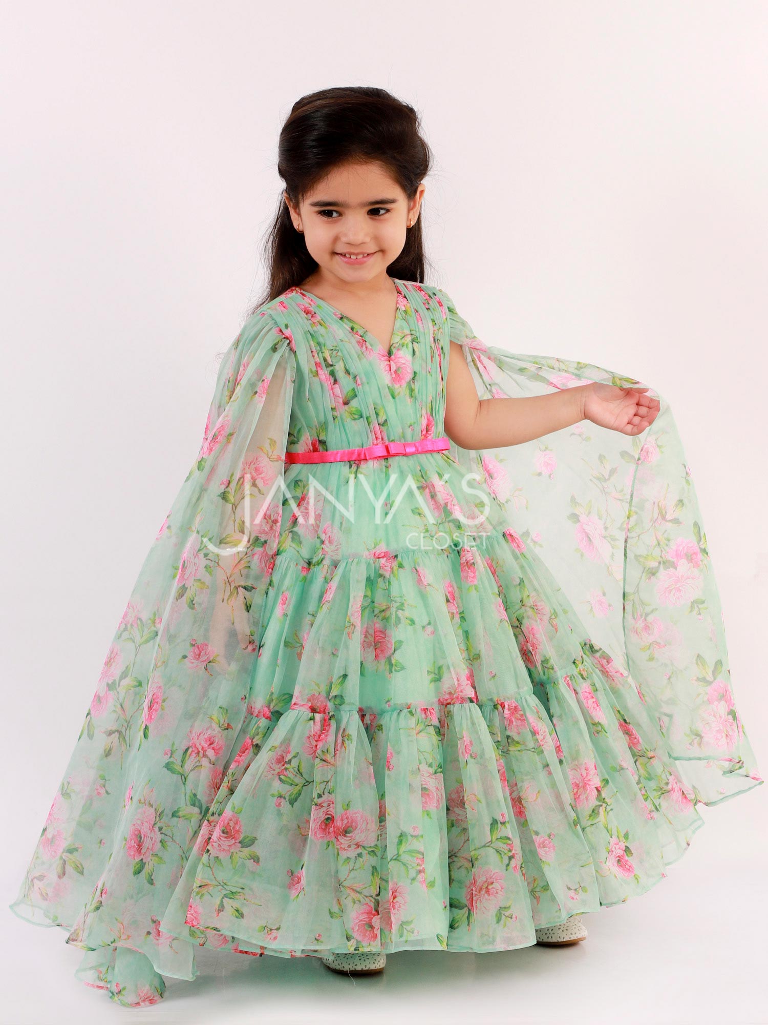 Floral Print Anarkali Gown With Stylish Long Sleeves