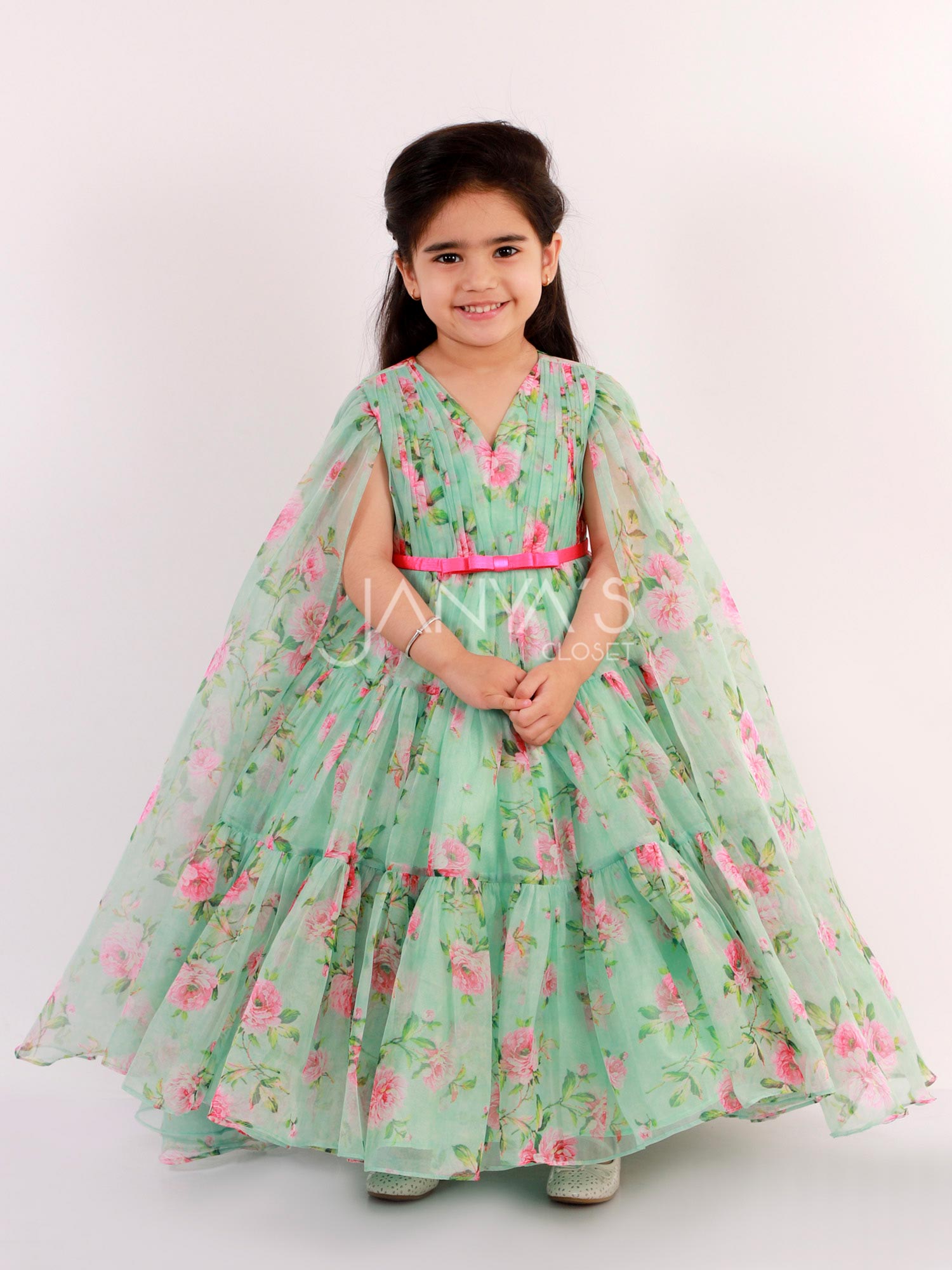 Floral Print Anarkali Gown With Stylish Long Sleeves