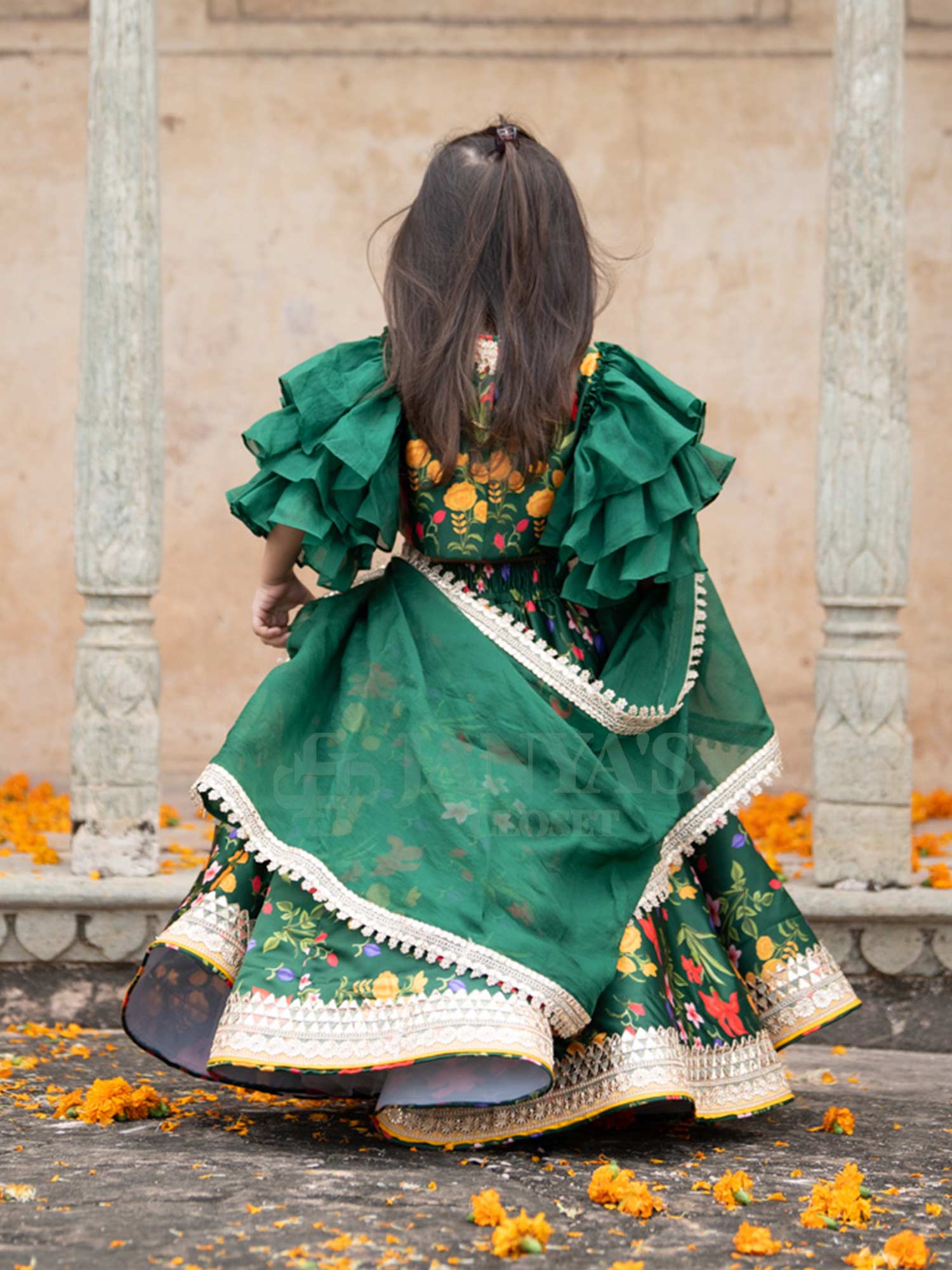 Bottle Green Autmn Bouquet Lehenga Blouse With Dupatta