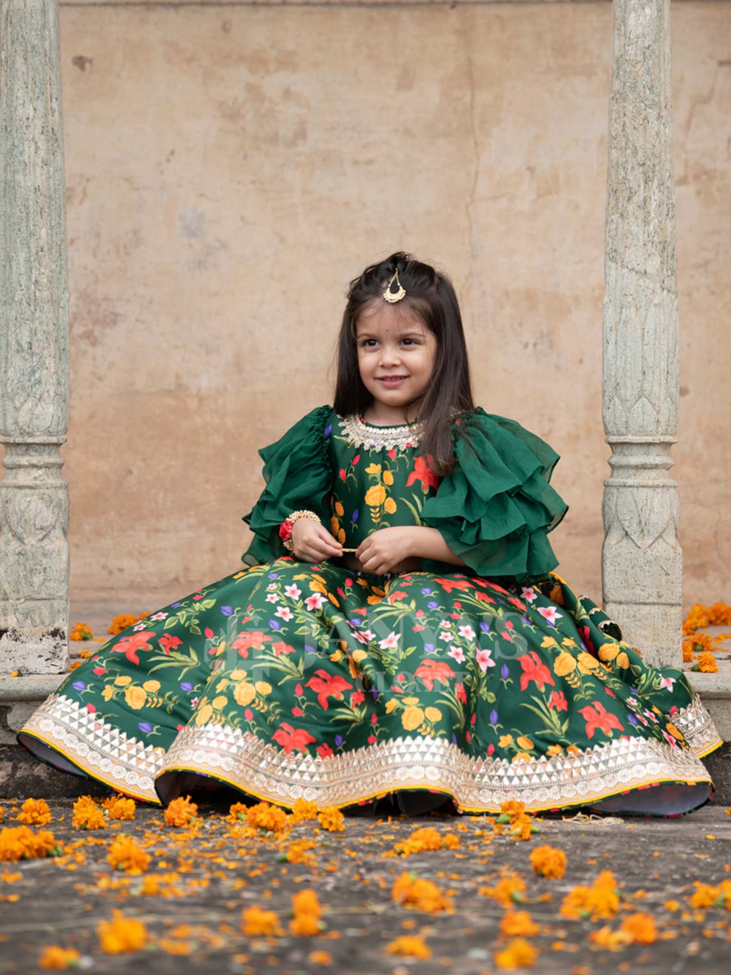 Bottle Green Autmn Bouquet Lehenga Blouse With Dupatta